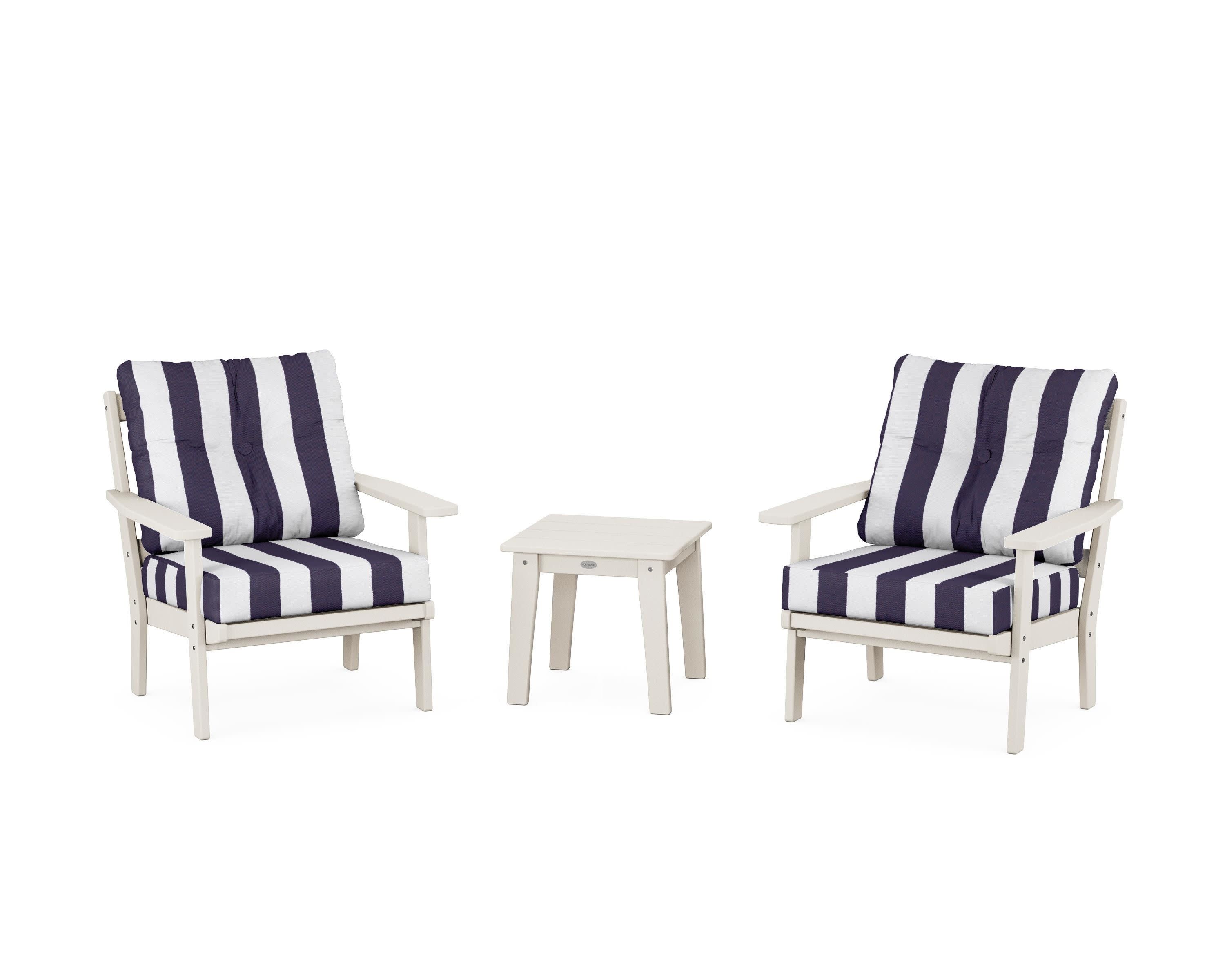 Oxford 3-Piece Deep Seating Set in Sand / Cabana Stripe Navy