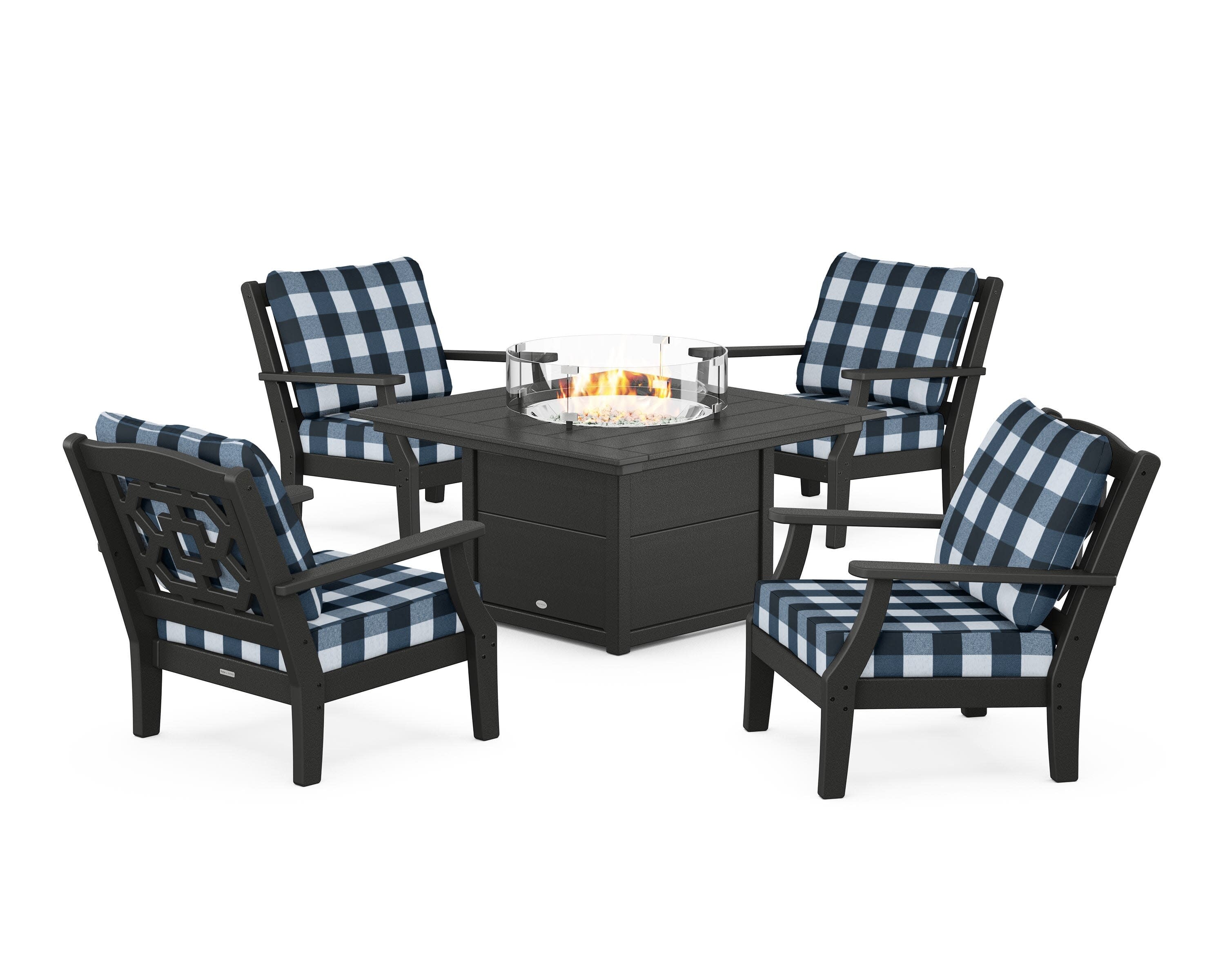 Chinoiserie 5-Piece Deep Seating Set with Fire Pit Table in Black / Buffalo Plaid Marine Indigo