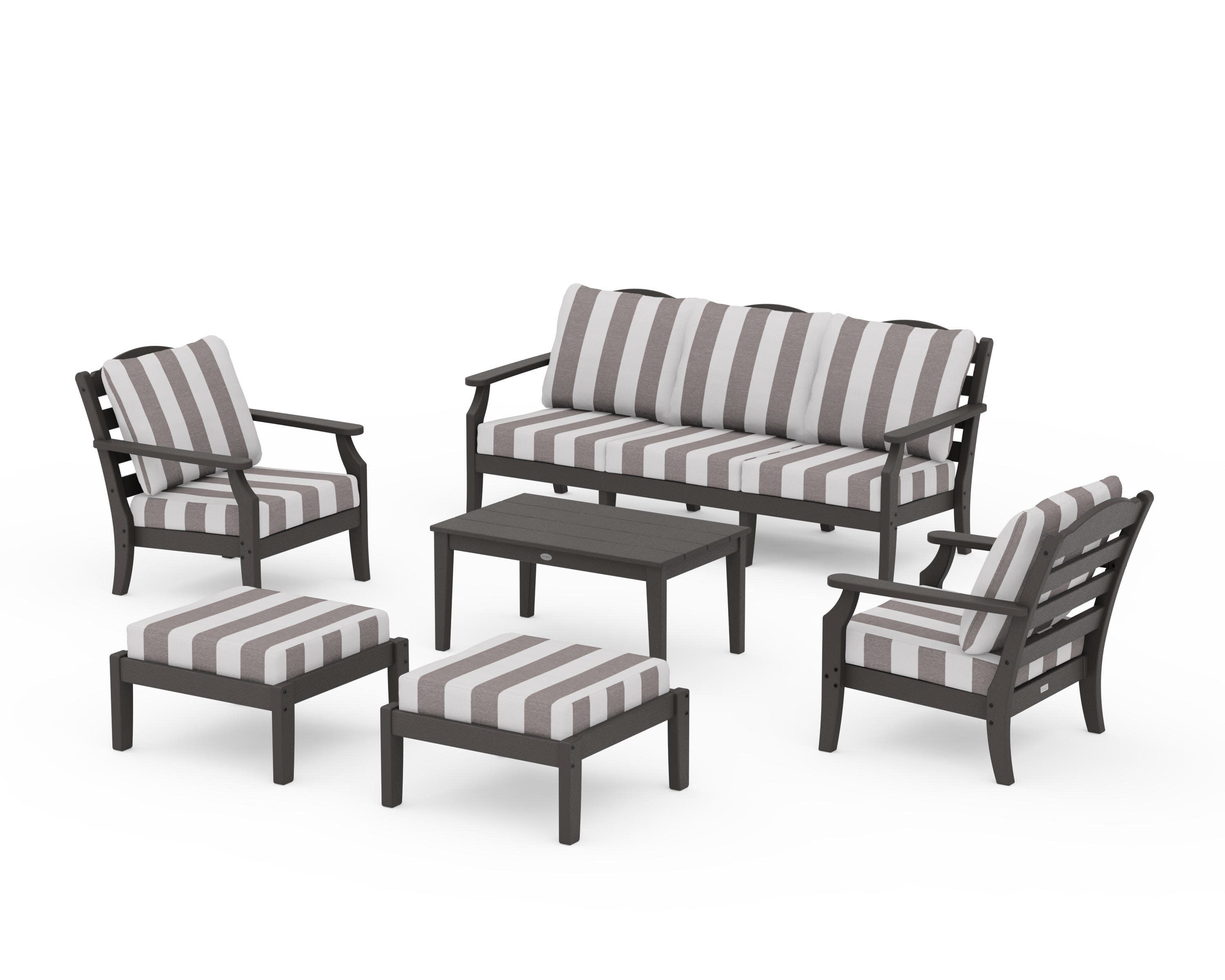 Savannah 6-Piece Lounge Sofa Set in Vintage Coffee / Cabana Stripe Grey Mist