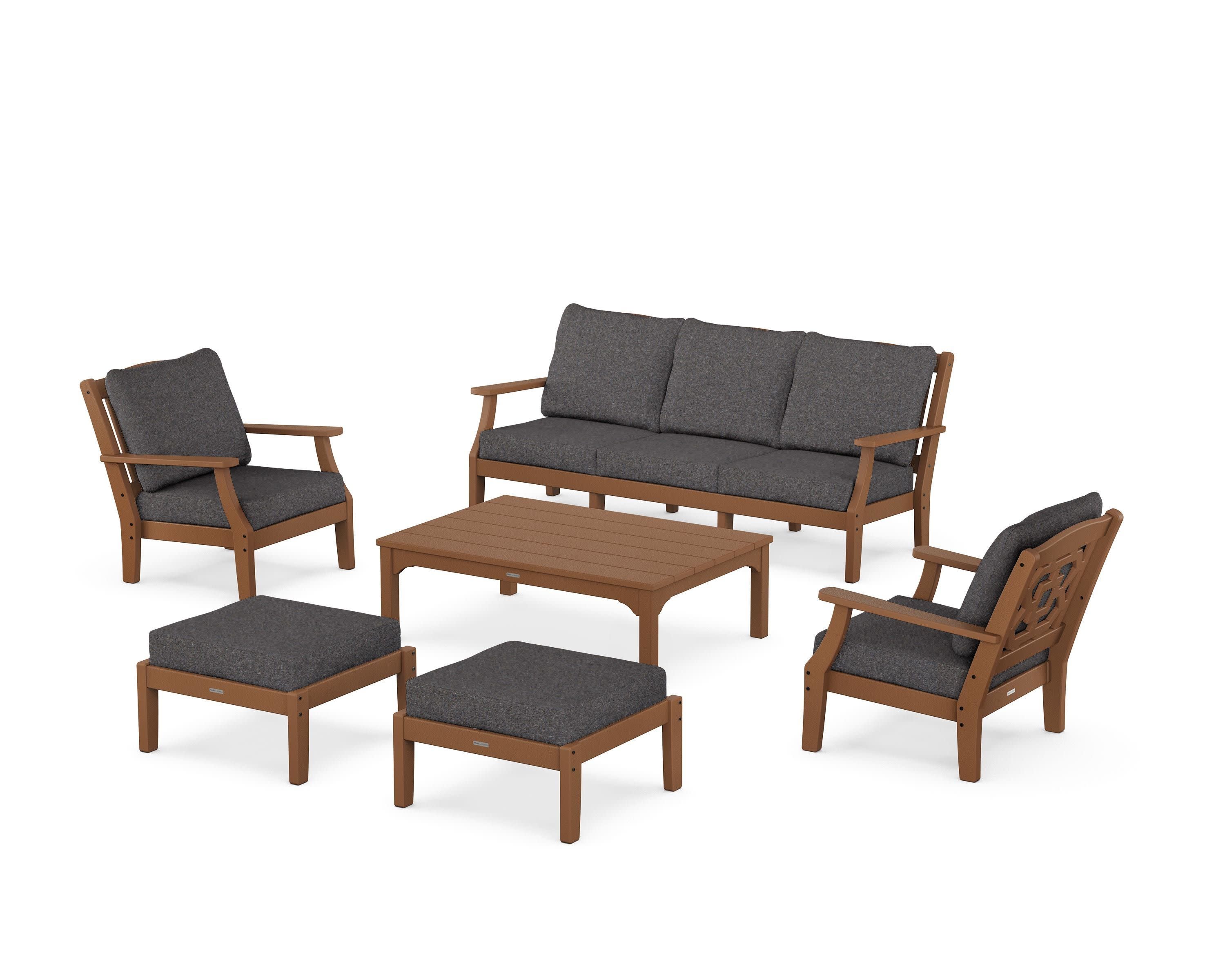 Chinoiserie 6-Piece Lounge Sofa Set in Teak / Ash Charcoal