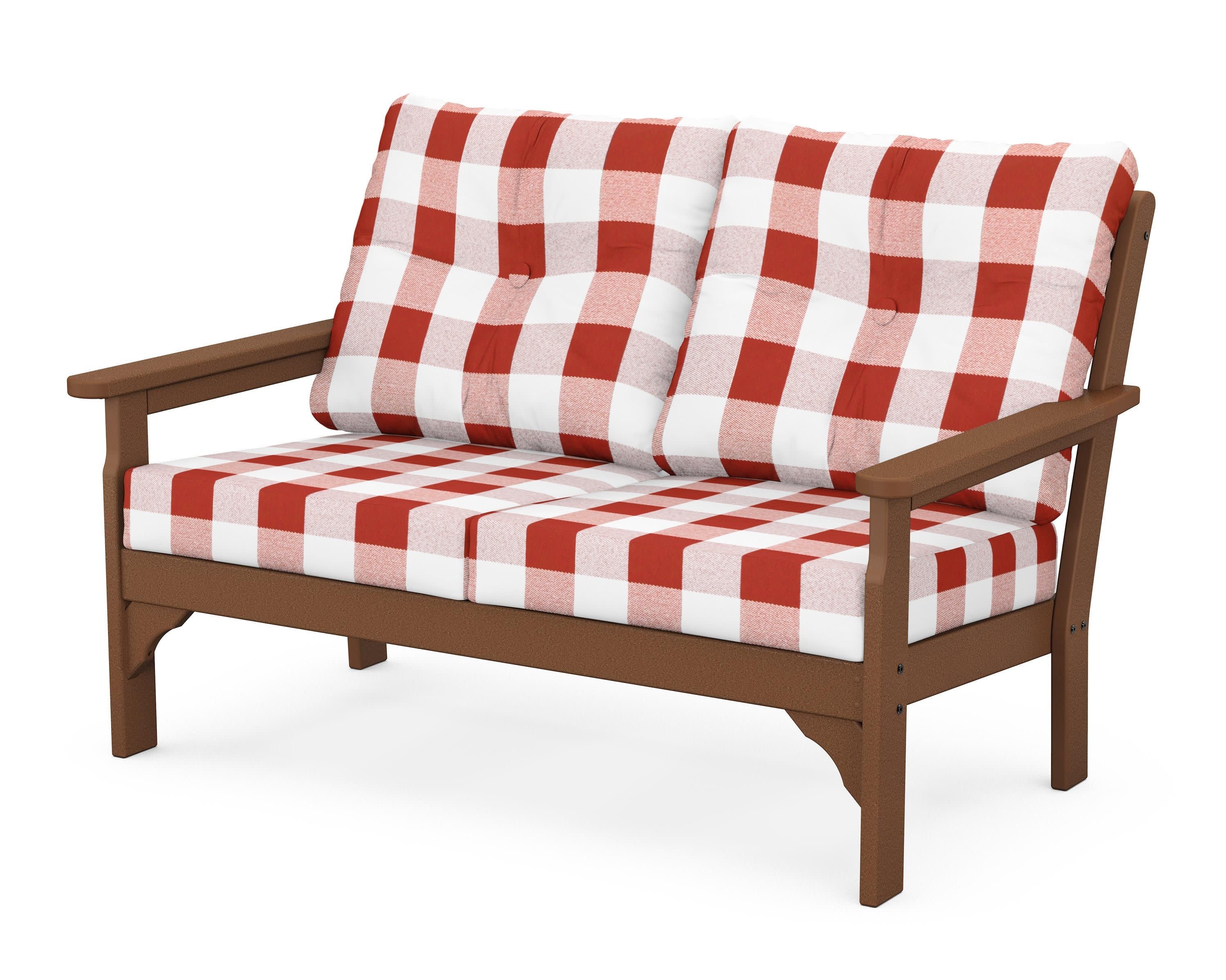 Vineyard Deep Seating Loveseat in Teak / Buffalo Plaid Crimson