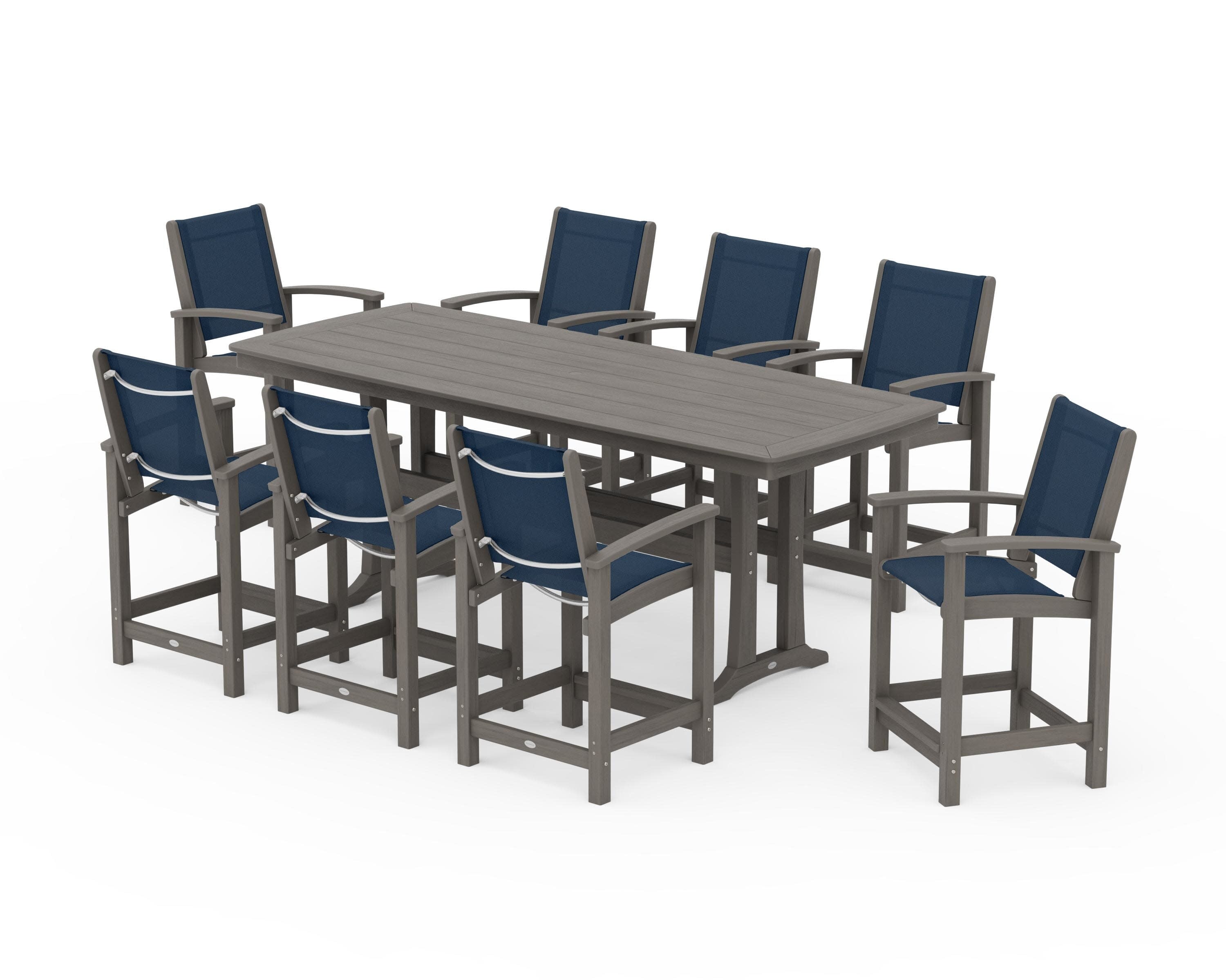 Coastal 9-Piece Counter Set with Trestle Legs in Driftwood / Navy Blue Sling