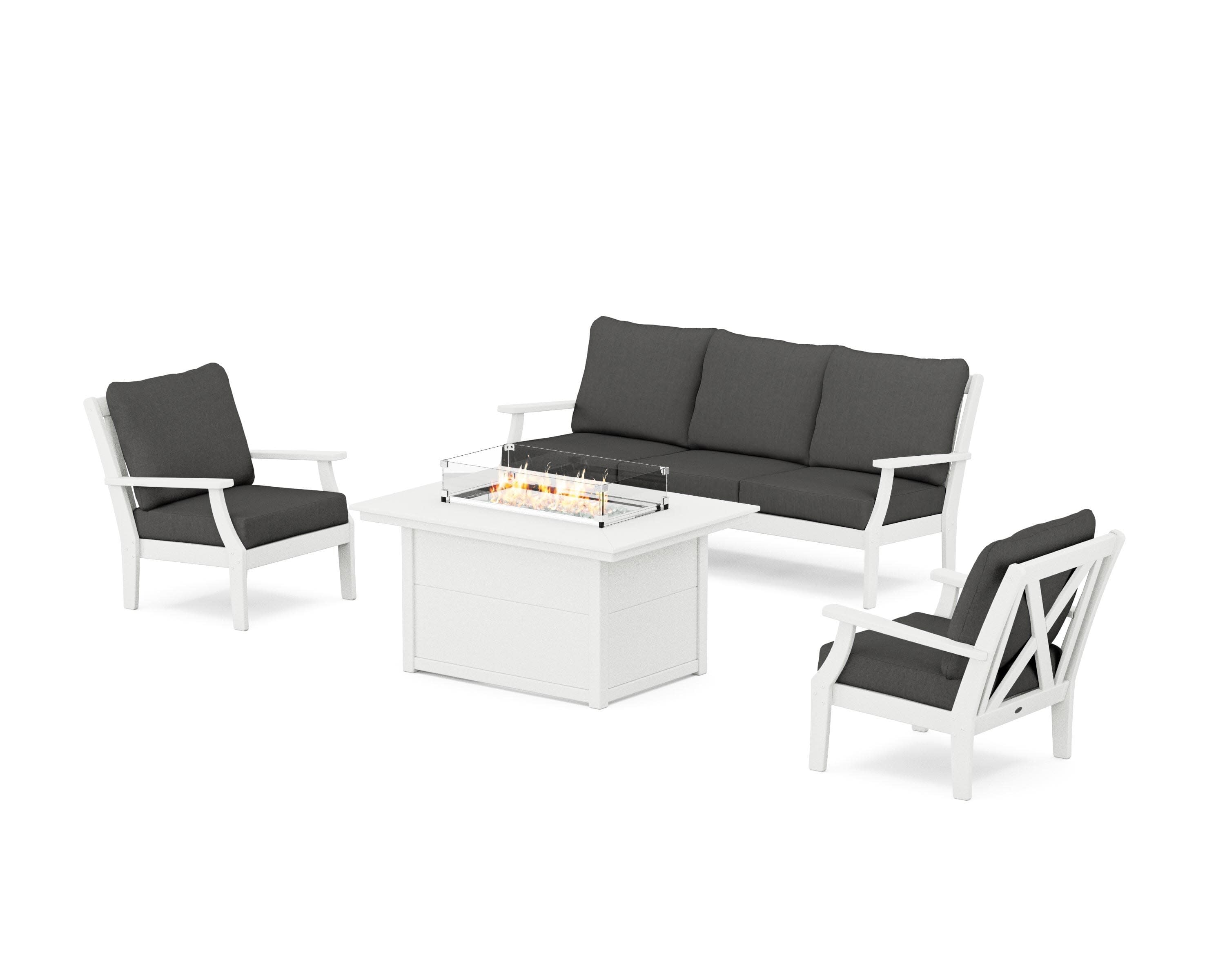 Braxton Deep Seating Fire Pit Table Set in Vintage White / Spectrum Carbon