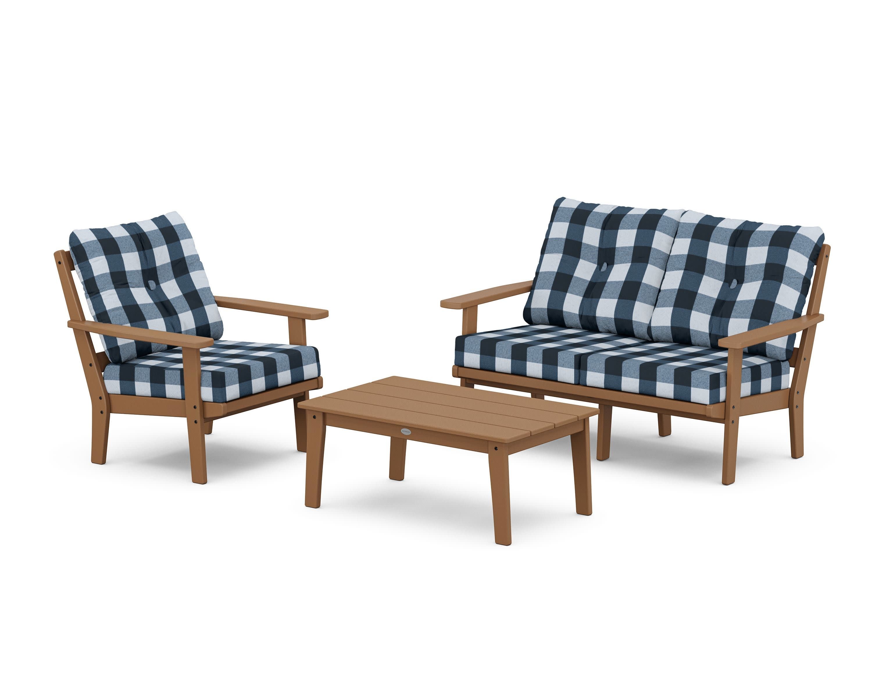Prairie 3-Piece Deep Seating Set with Loveseat in Teak / Buffalo Plaid Marine Indigo