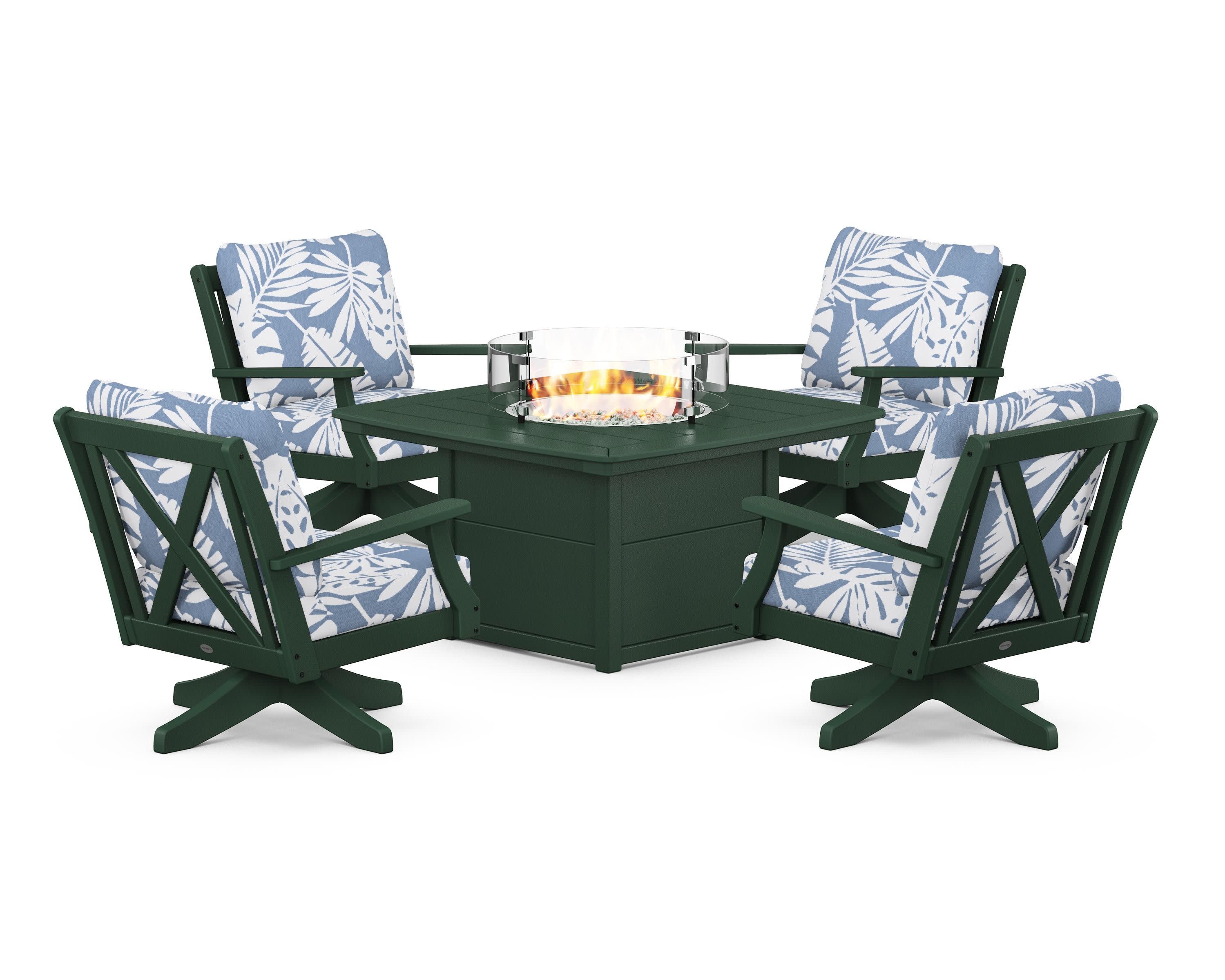Braxton 5-Piece Deep Seating Swivel Conversation Set with Fire Pit Table in Green / Leaf Sky Blue