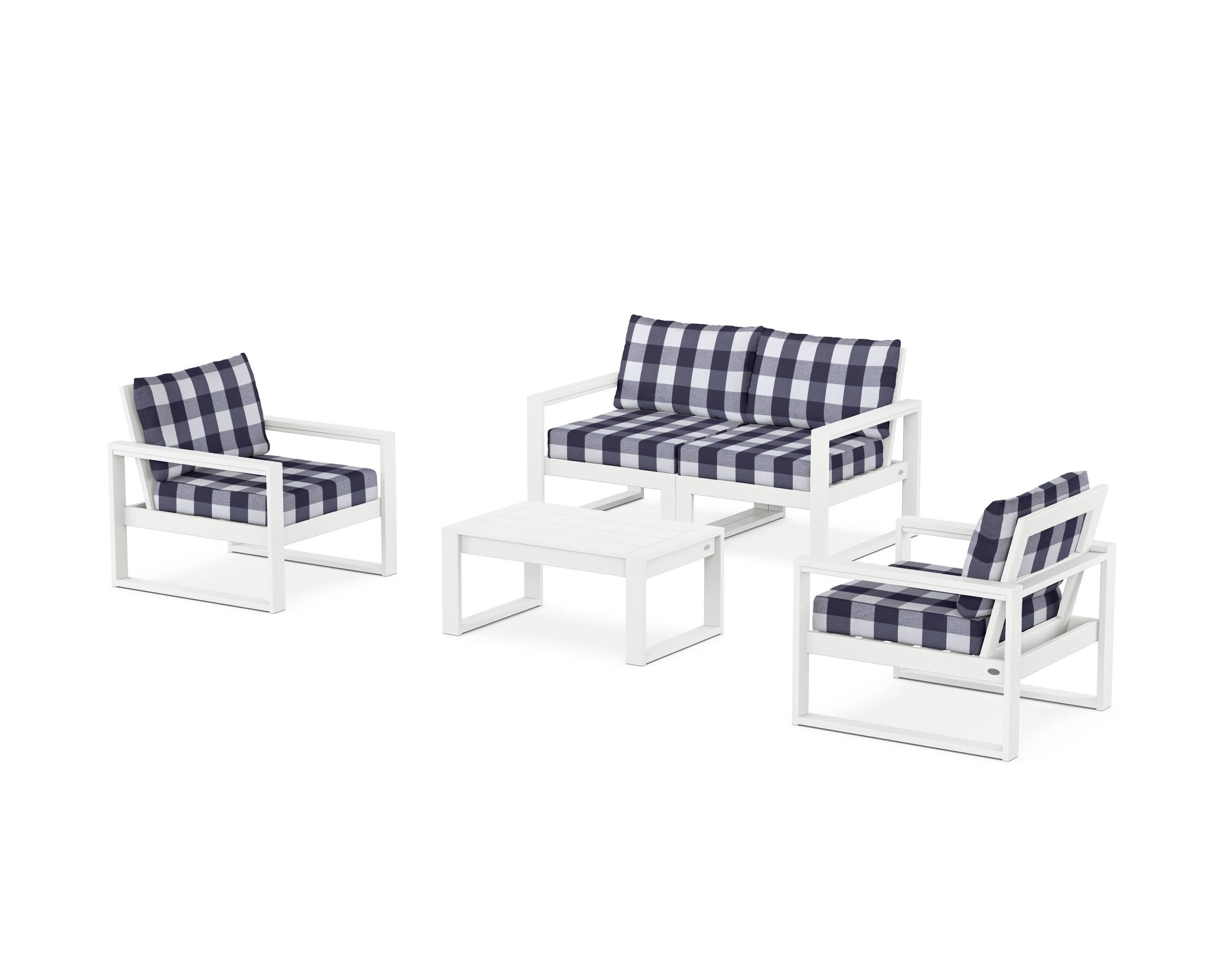 EDGE Sectional 4-Piece Deep Seating Set with Loveseat in White / Buffalo Plaid Navy