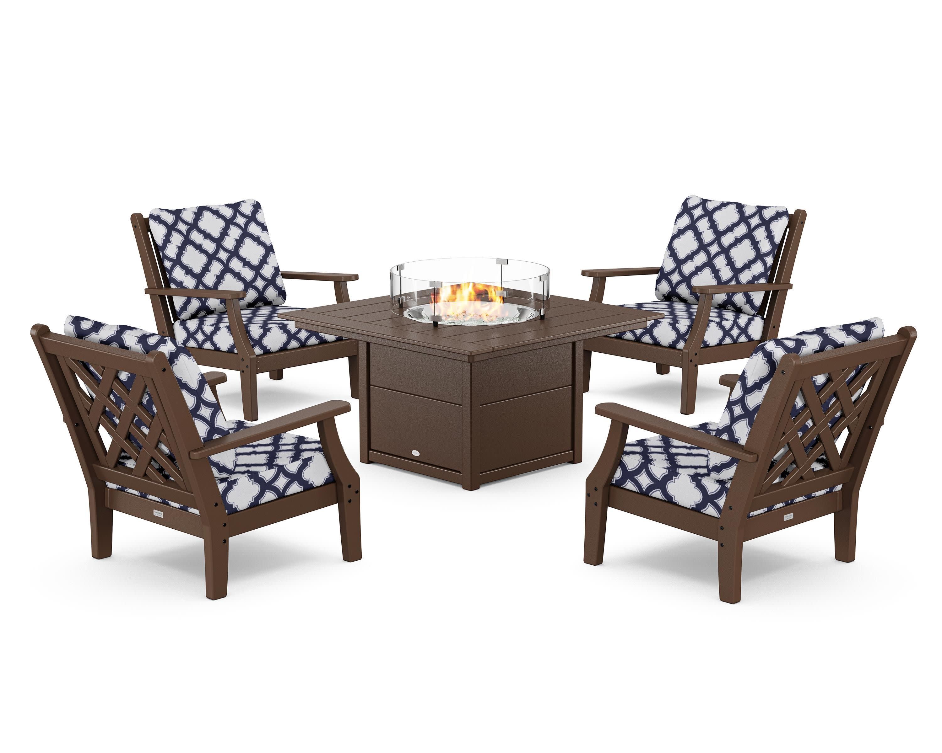 Wovendale 5-Piece Deep Seating Set with Fire Pit Table in Mahogany / Trellis Navy