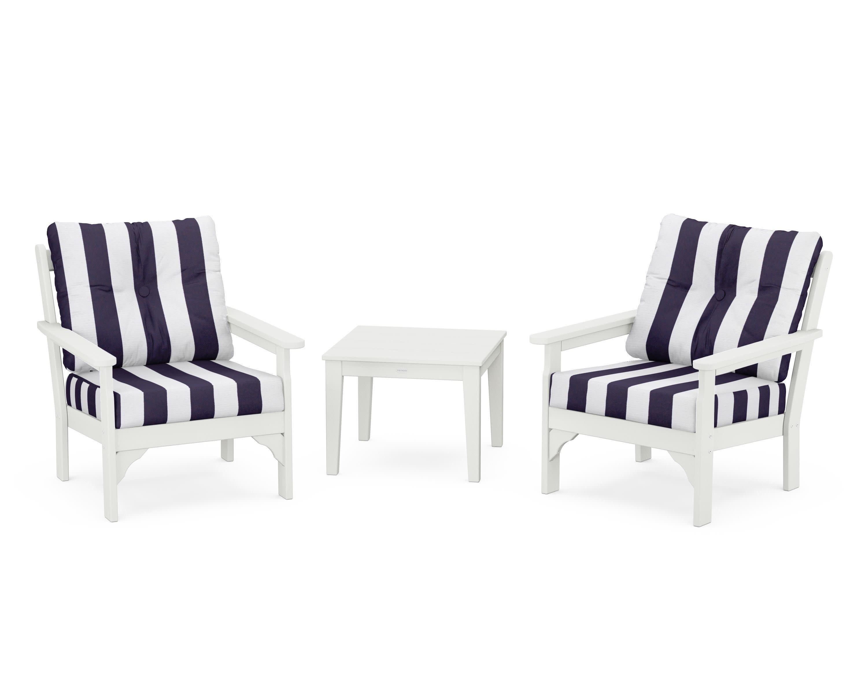 Vineyard 3-Piece Deep Seating Set in Vintage White / Cabana Stripe Navy