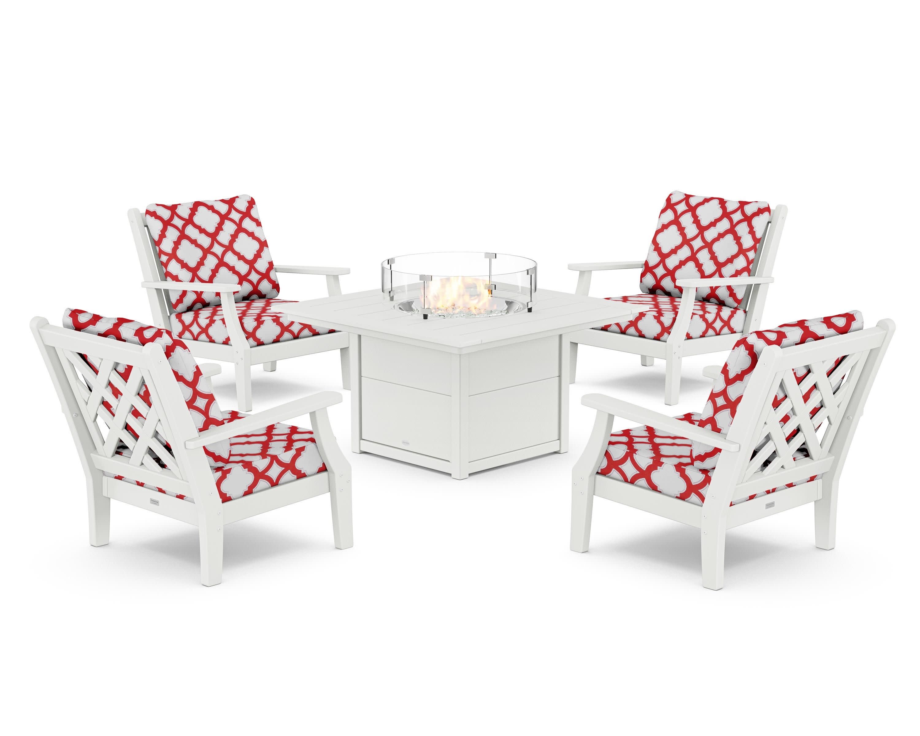 Wovendale 5-Piece Deep Seating Set with Fire Pit Table in White / Trellis Crimson