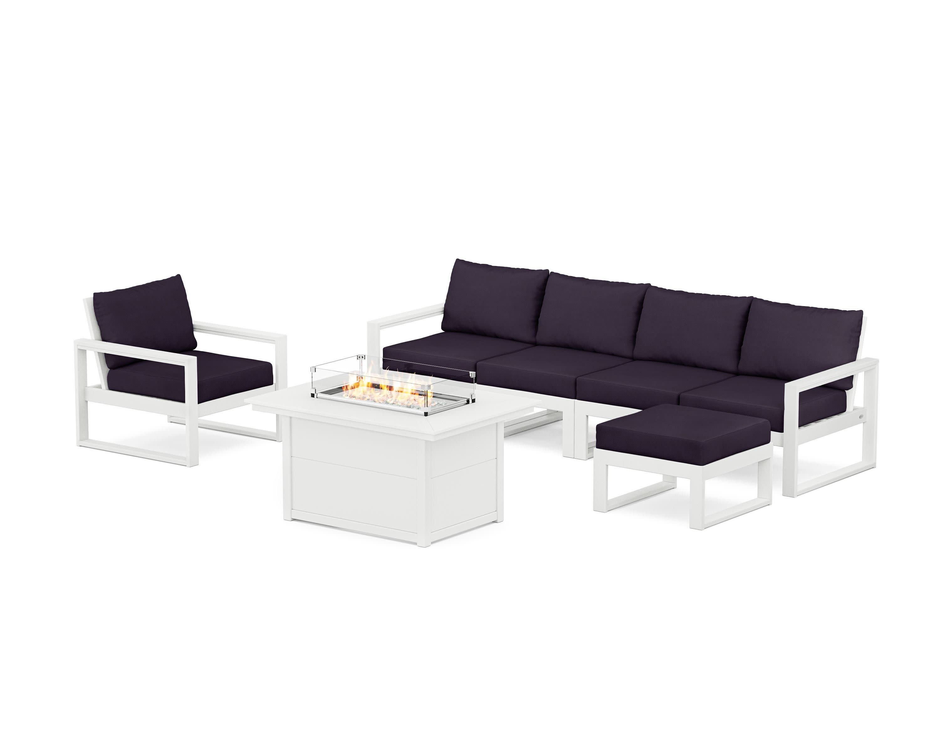 EDGE Sectional Lounge and Fire Pit Set in White / Navy Linen