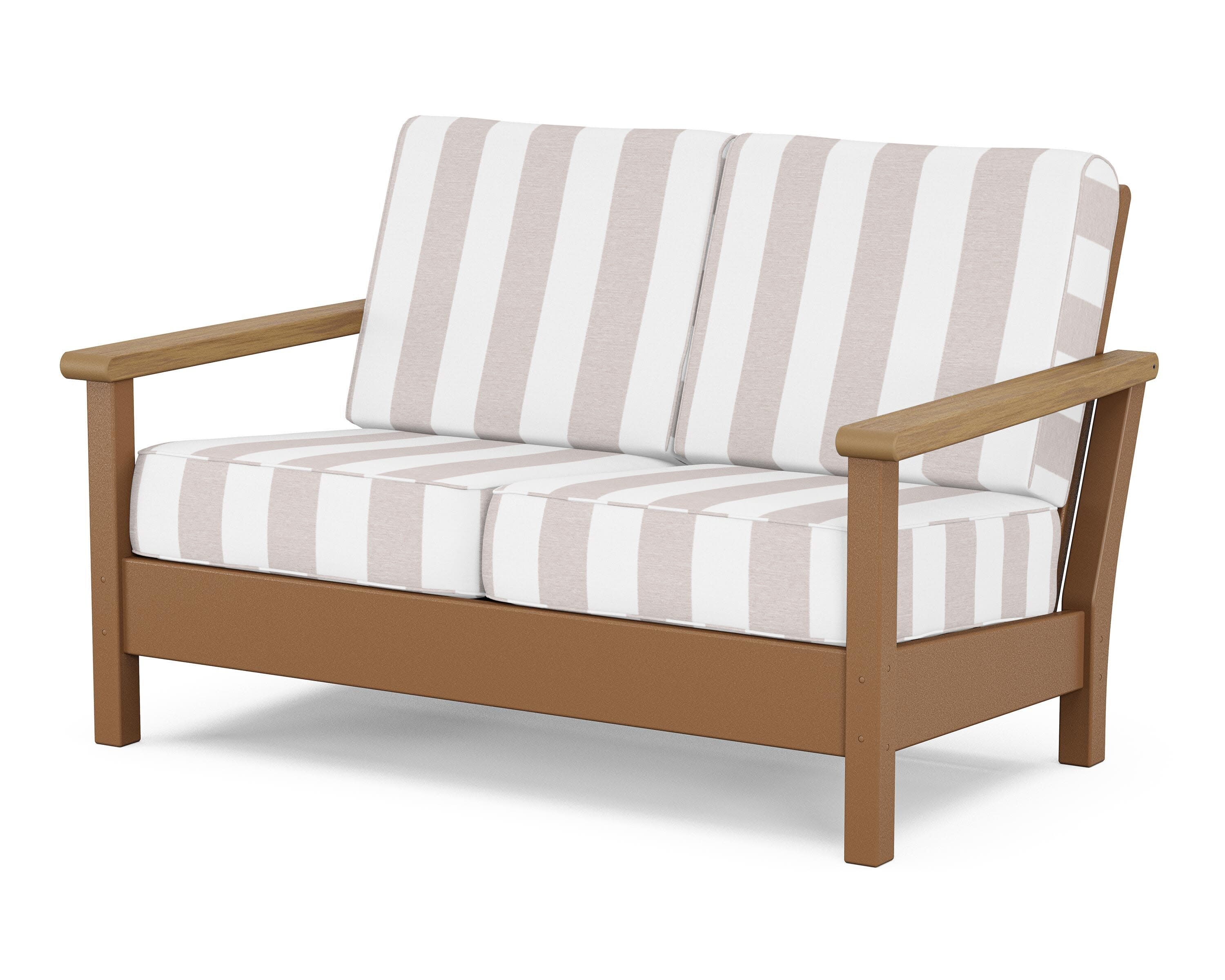 Harbour Deep Seating Loveseat in Teak / Natural / Cabana Stripe Dune Burlap