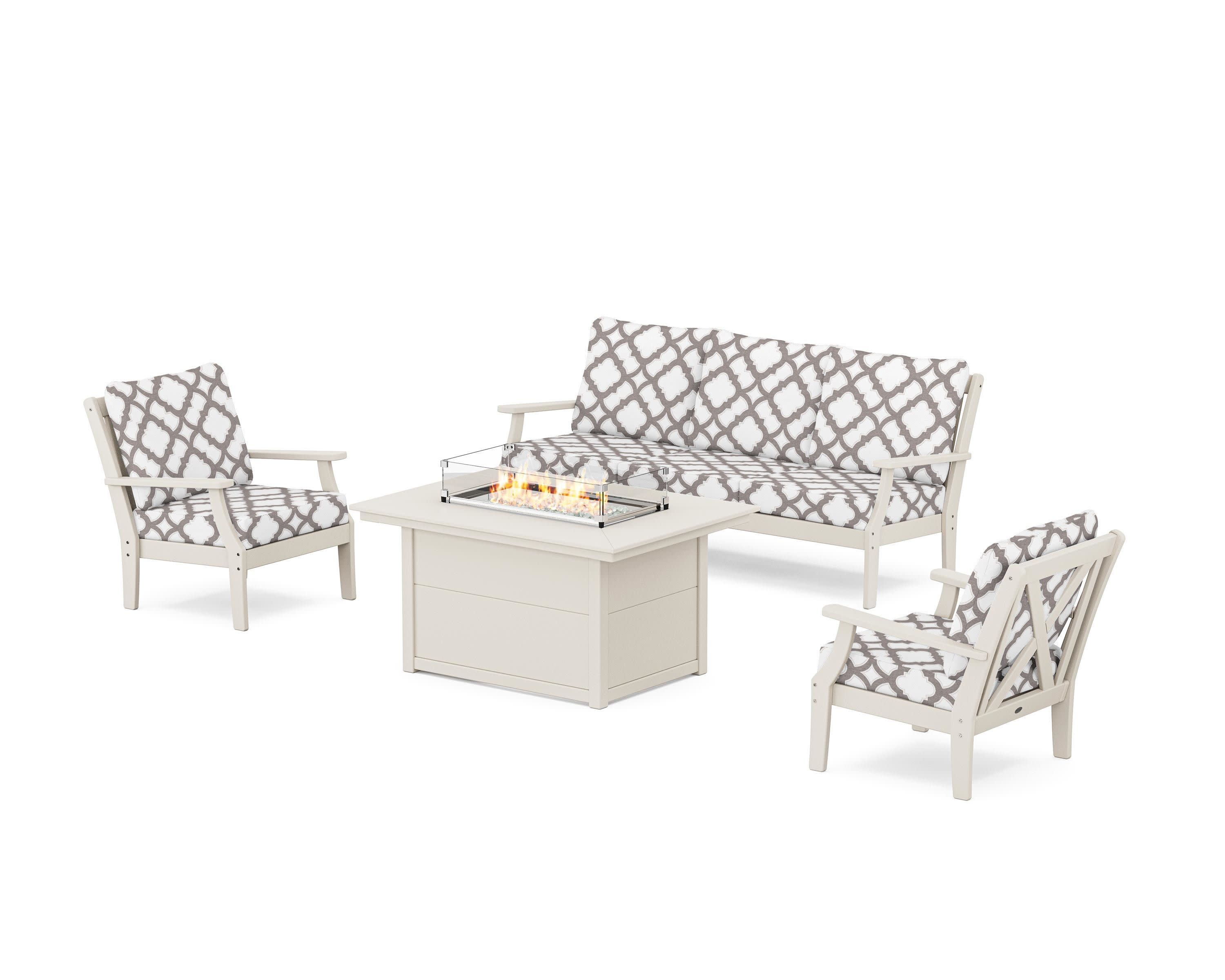 Braxton Deep Seating Fire Pit Table Set in Sand / Trellis Grey Mist
