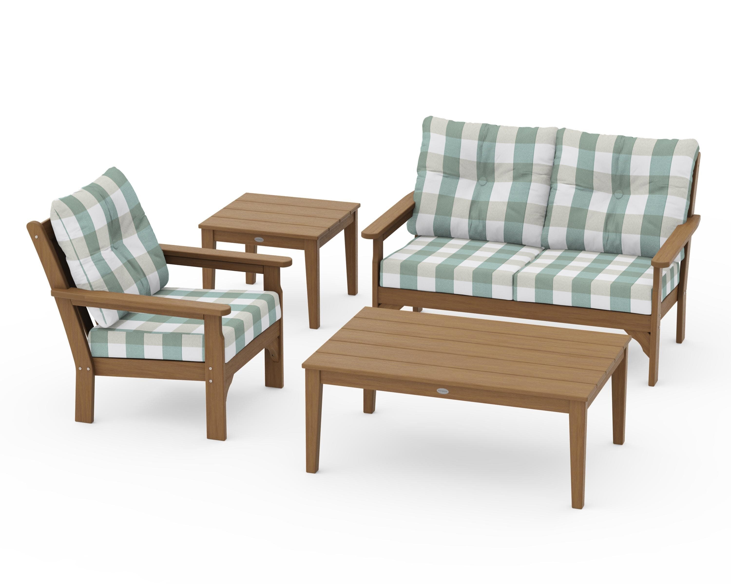 Vineyard 4-Piece Deep Seating Set in Natural / Buffalo Plaid Glacier Spa