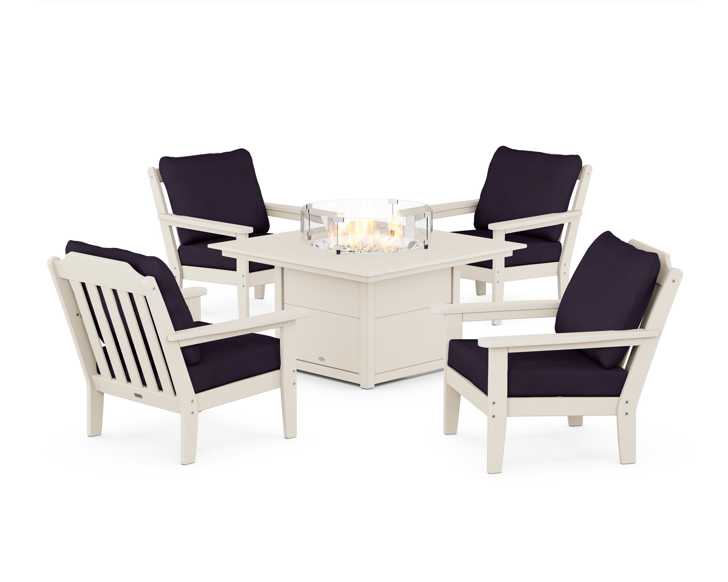 Cottage 5-Piece Deep Seating Set with Fire Pit Table in Sand / Navy Linen