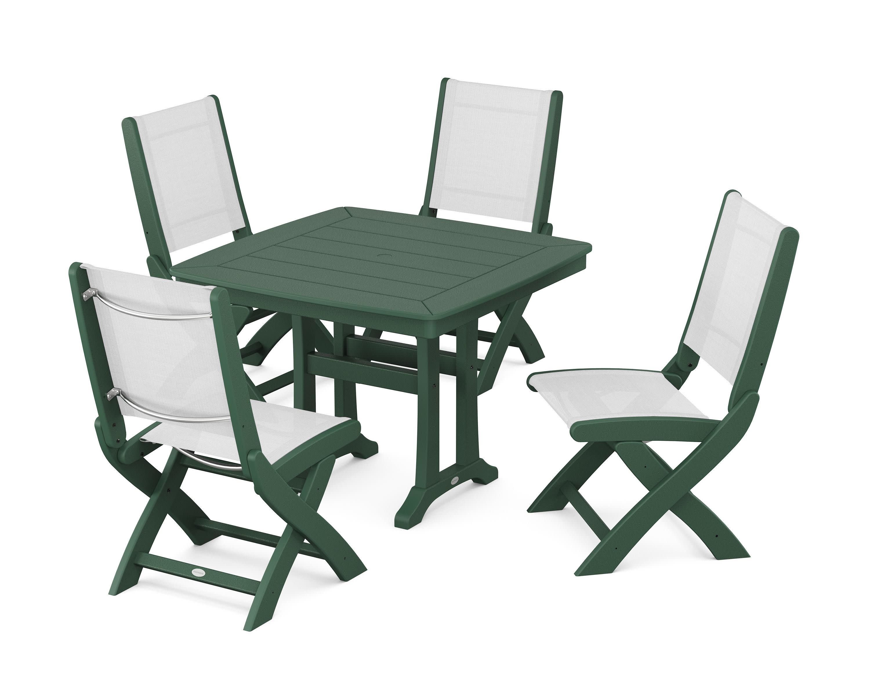 Coastal Folding Side Chair 5-Piece Dining Set with Trestle Legs in Green / White Sling