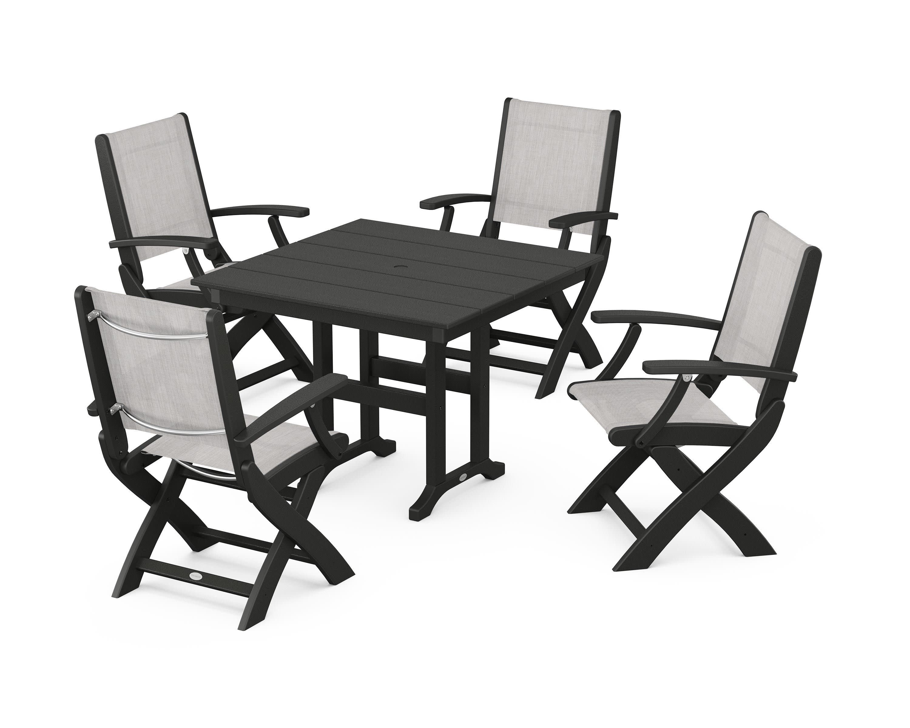Coastal Folding Chair 5-Piece Farmhouse Dining Set in Black / Parchment Sling