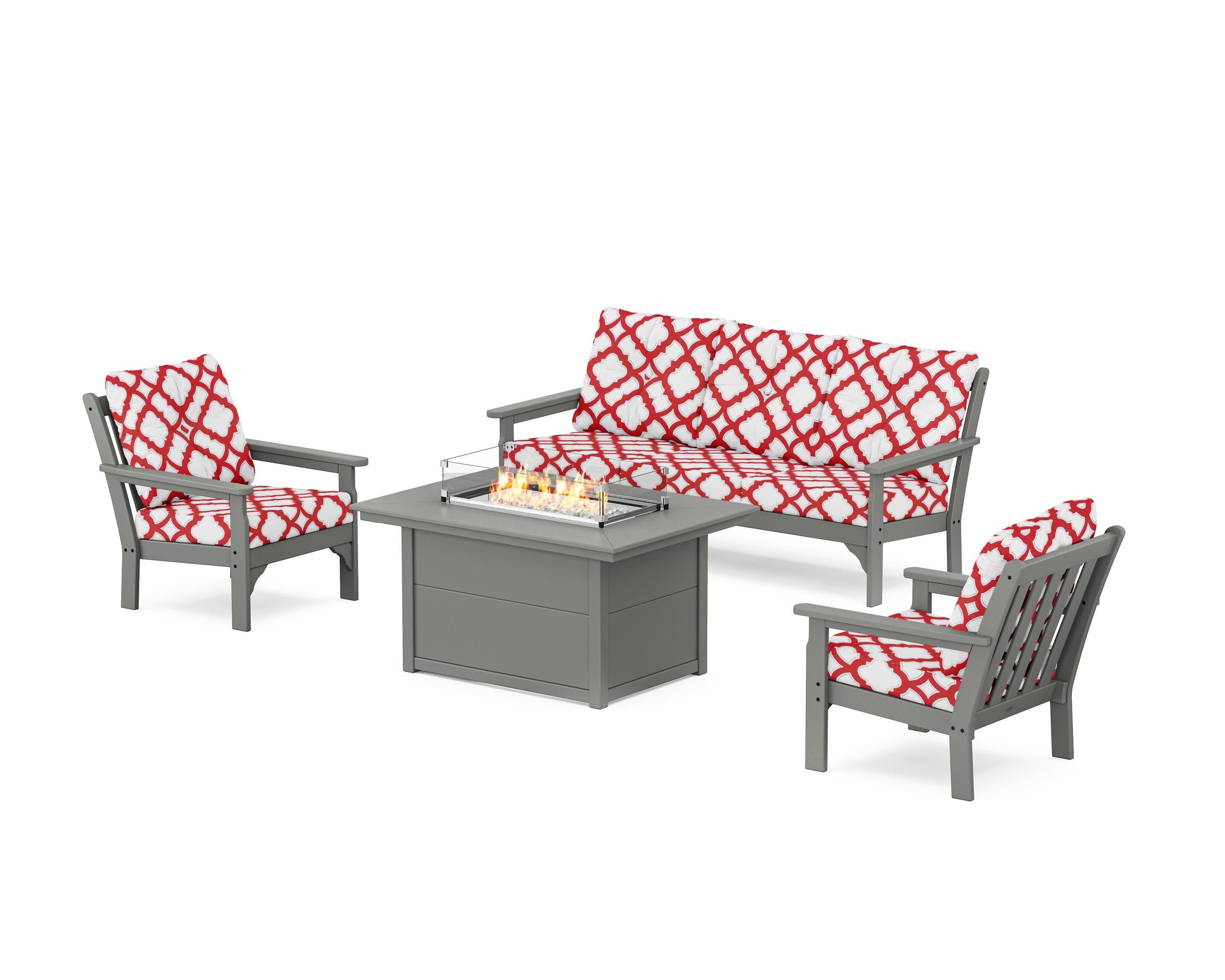 Vineyard Deep Seating Fire Pit Table Set in Slate Grey / Trellis Crimson