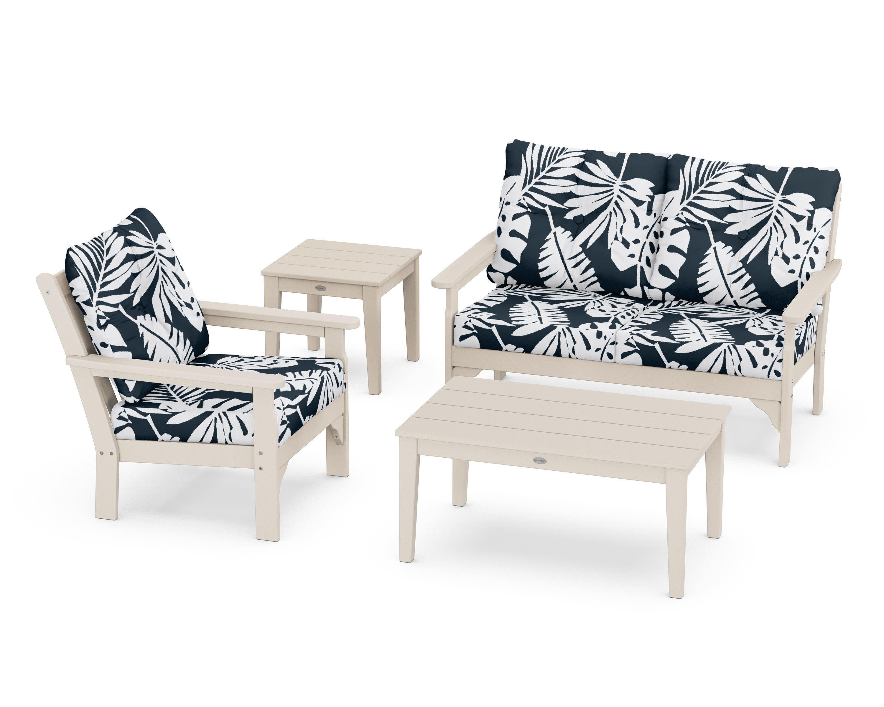 Vineyard 4-Piece Deep Seating Set in Sand / Leaf Marine Indigo