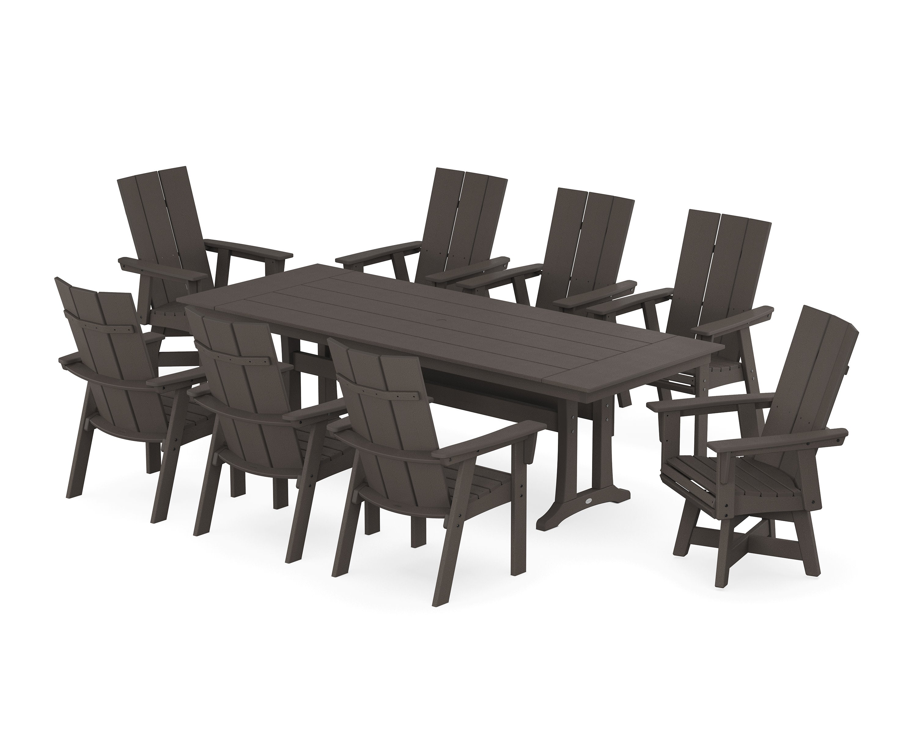Modern Curveback Adirondack Swivel 9-Piece Farmhouse Dining Set with Trestle Legs in Vintage Coffee