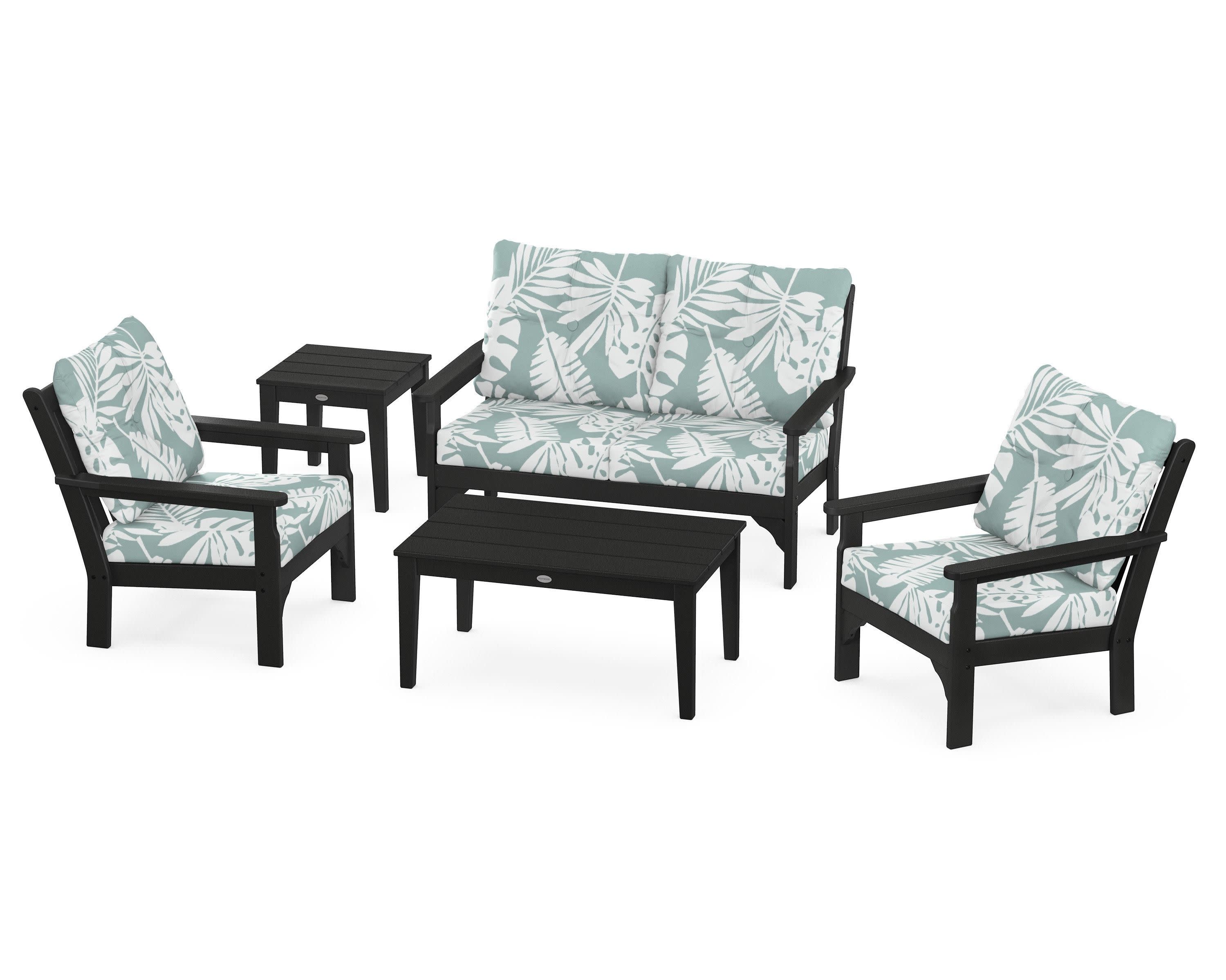 Vineyard 5-Piece Deep Seating Set in Black / Leaf Glacier Spa