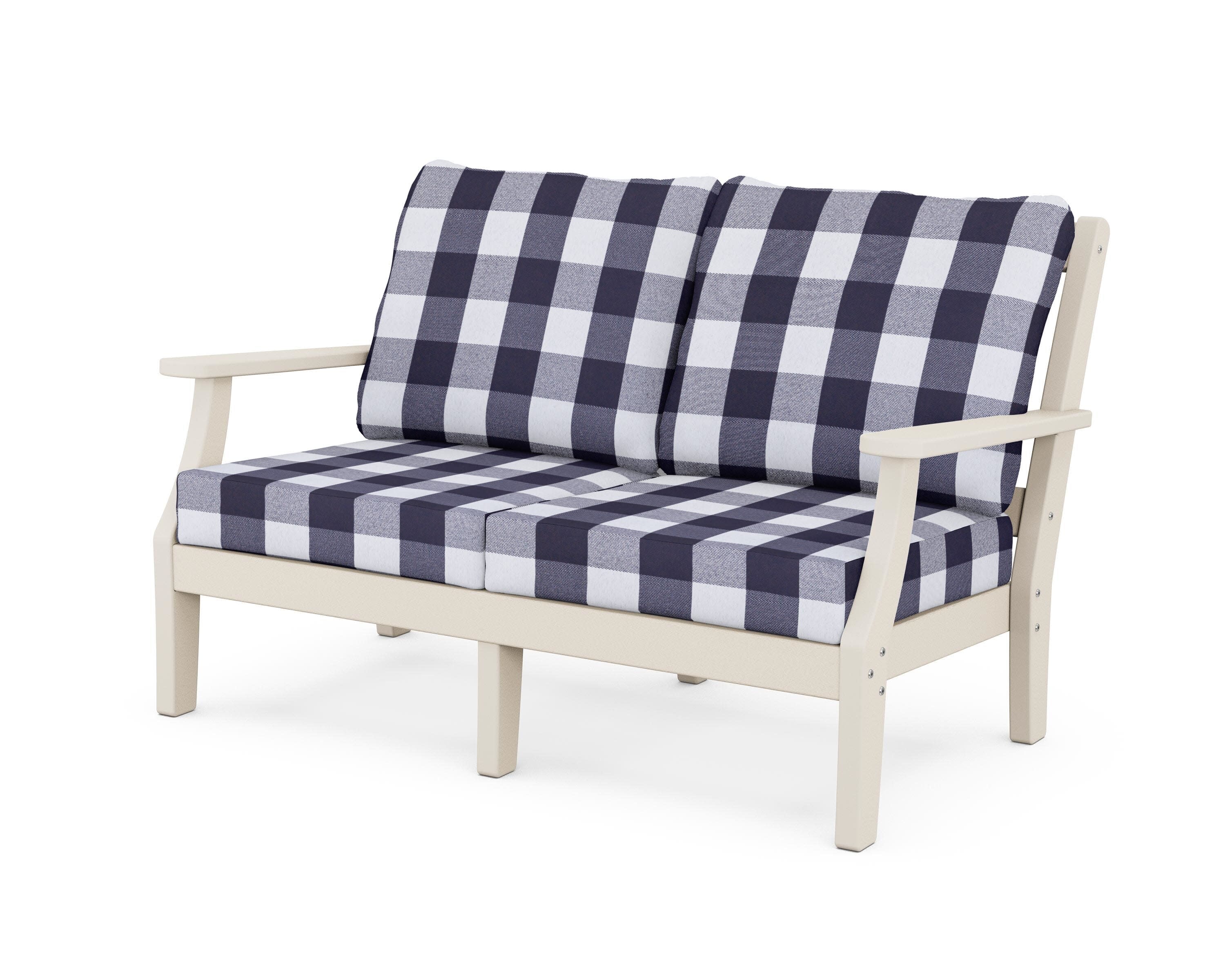 Chinoiserie Deep Seating Loveseat in Sand / Buffalo Plaid Navy