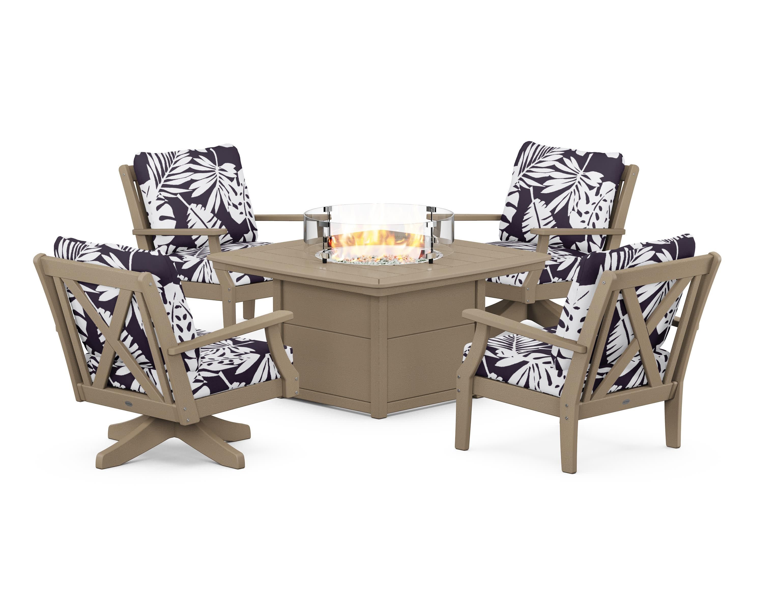 Braxton 5-Piece Deep Seating Set with Fire Table in Vintage Sahara / Leaf Navy