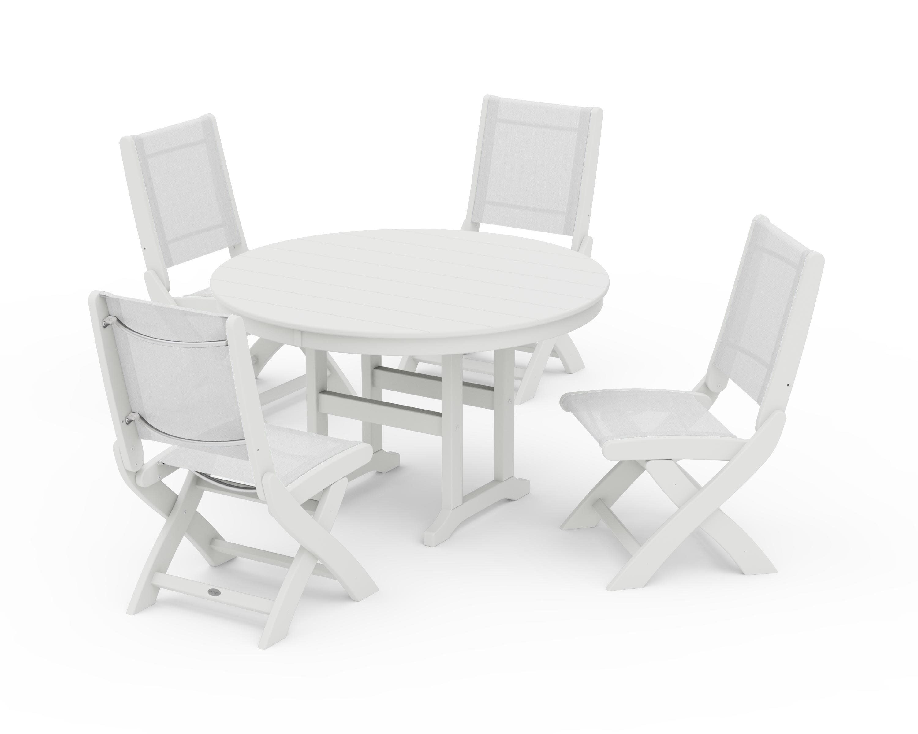 Coastal Folding Side Chair 5-Piece Round Dining Set in Vintage White / White Sling