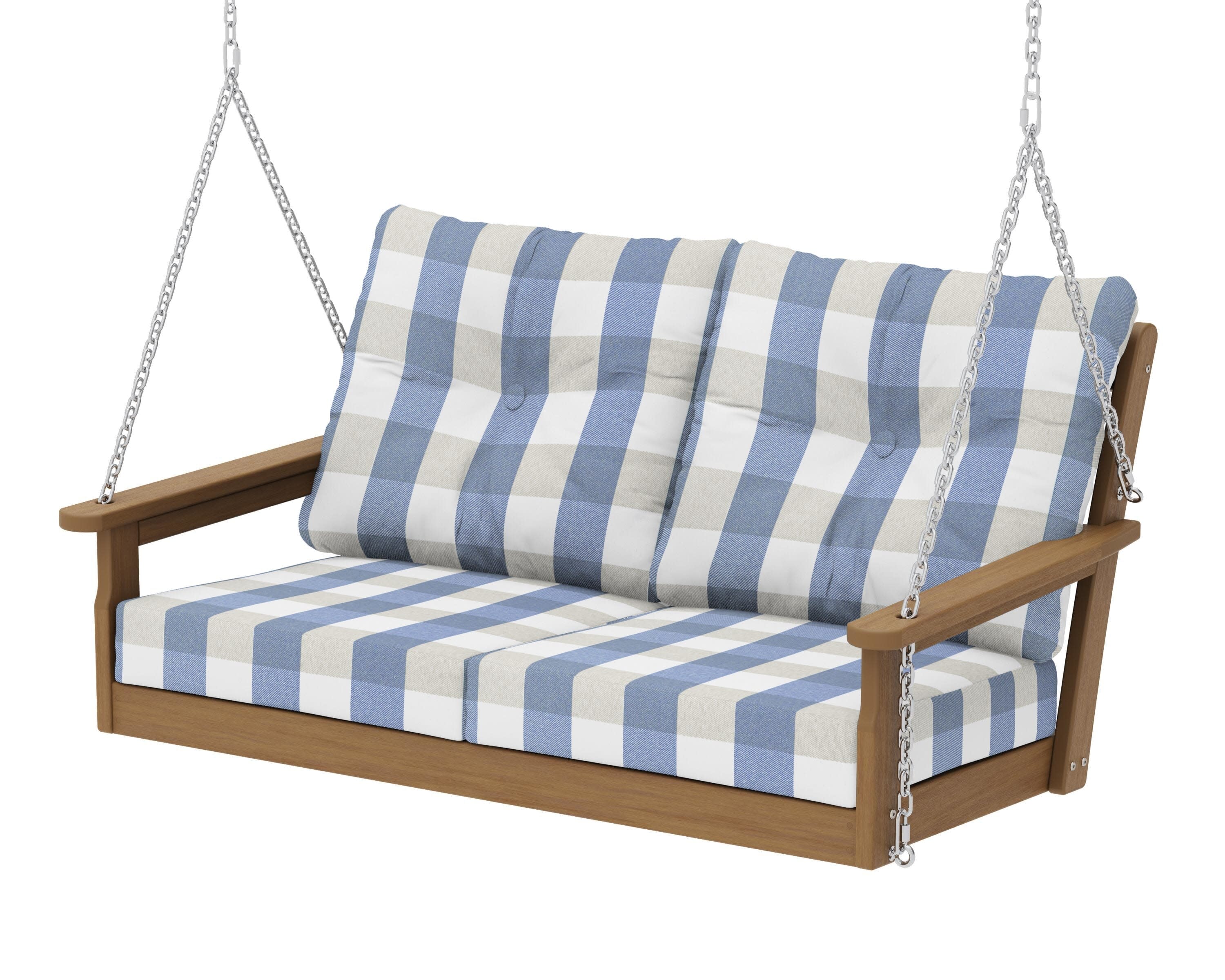 Vineyard Deep Seating Swing in Natural / Buffalo Plaid Sky Blue