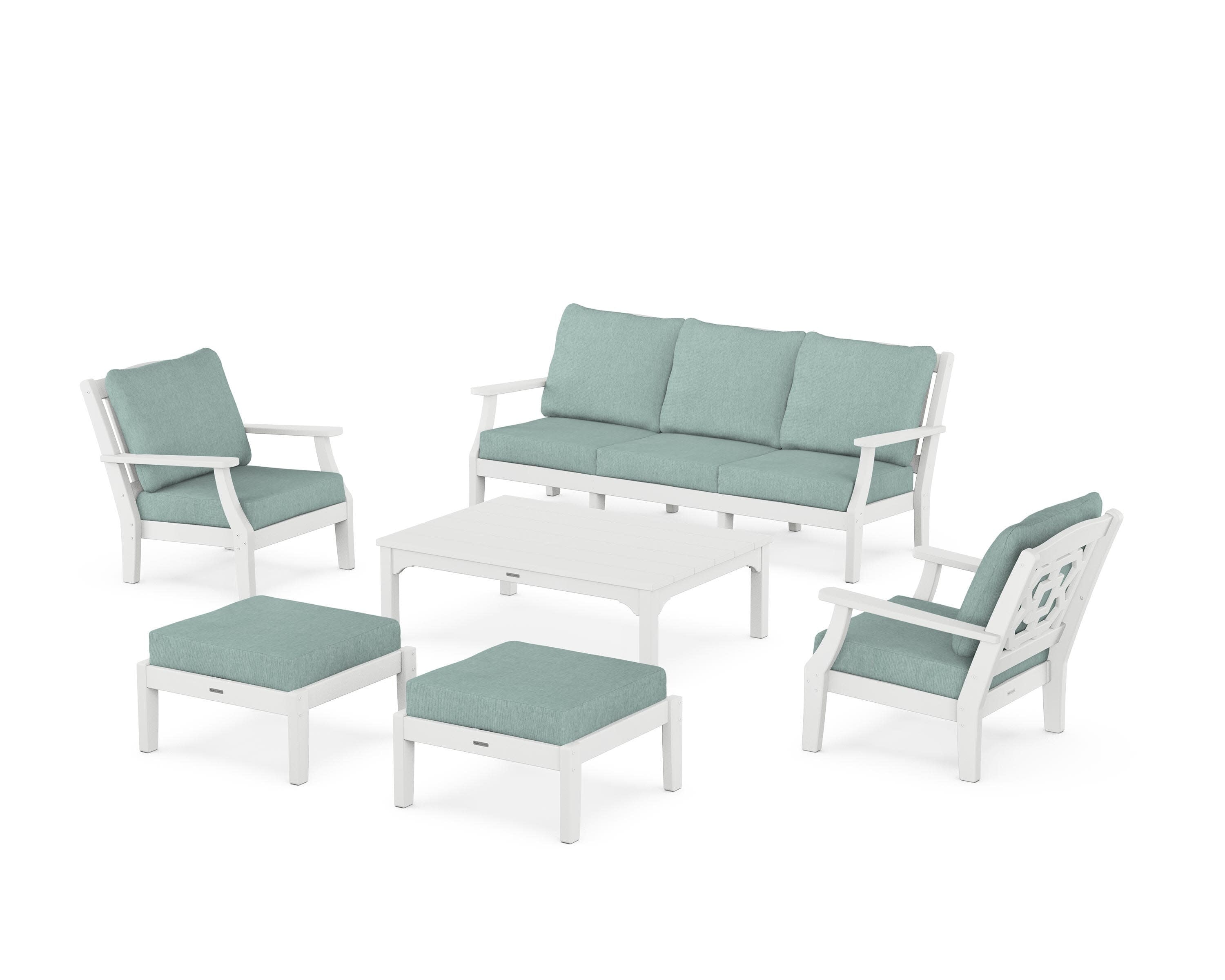 Chinoiserie 6-Piece Lounge Sofa Set in White / Glacier Spa
