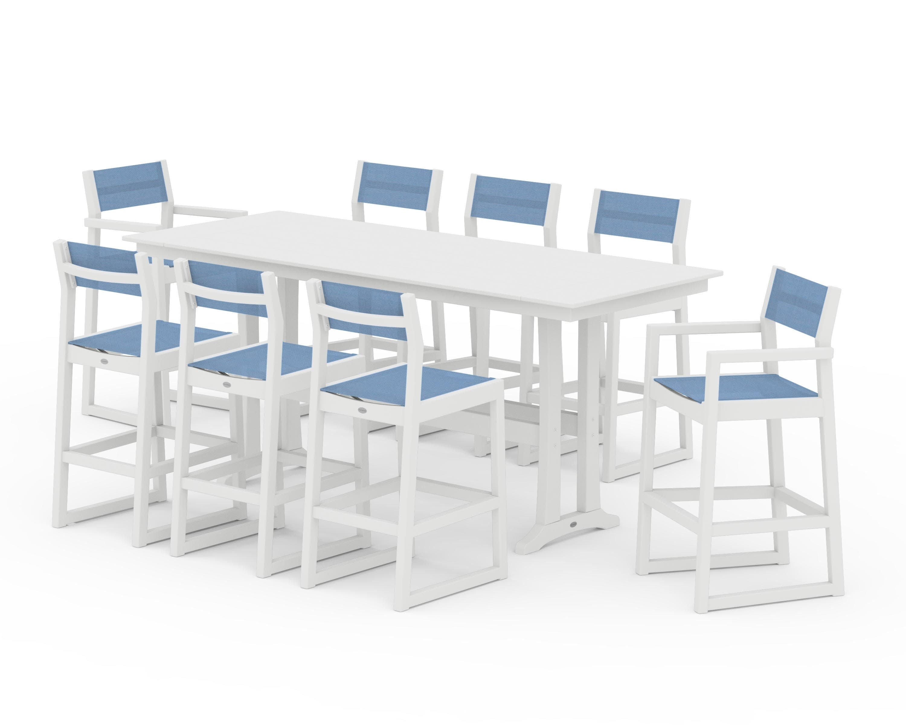 EDGE Sling 9-Piece Farmhouse Bar Set with Trestle Legs in White / Poolside Sling