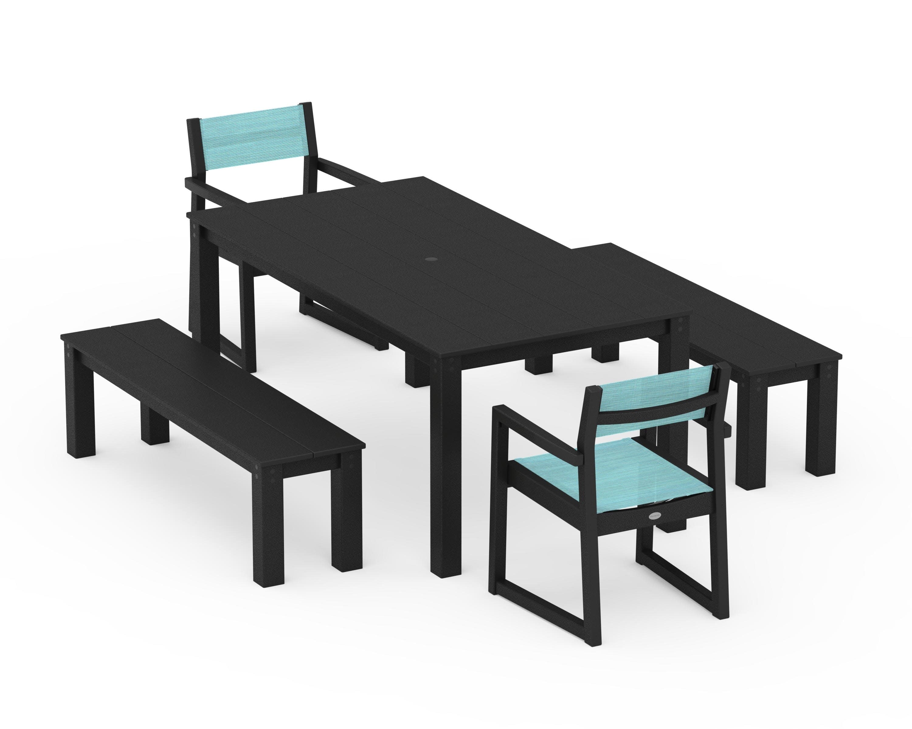 EDGE Sling Arm Chair 5-Piece Parsons Dining Set with Benches in Black / Dupioni Aquamarine Sling