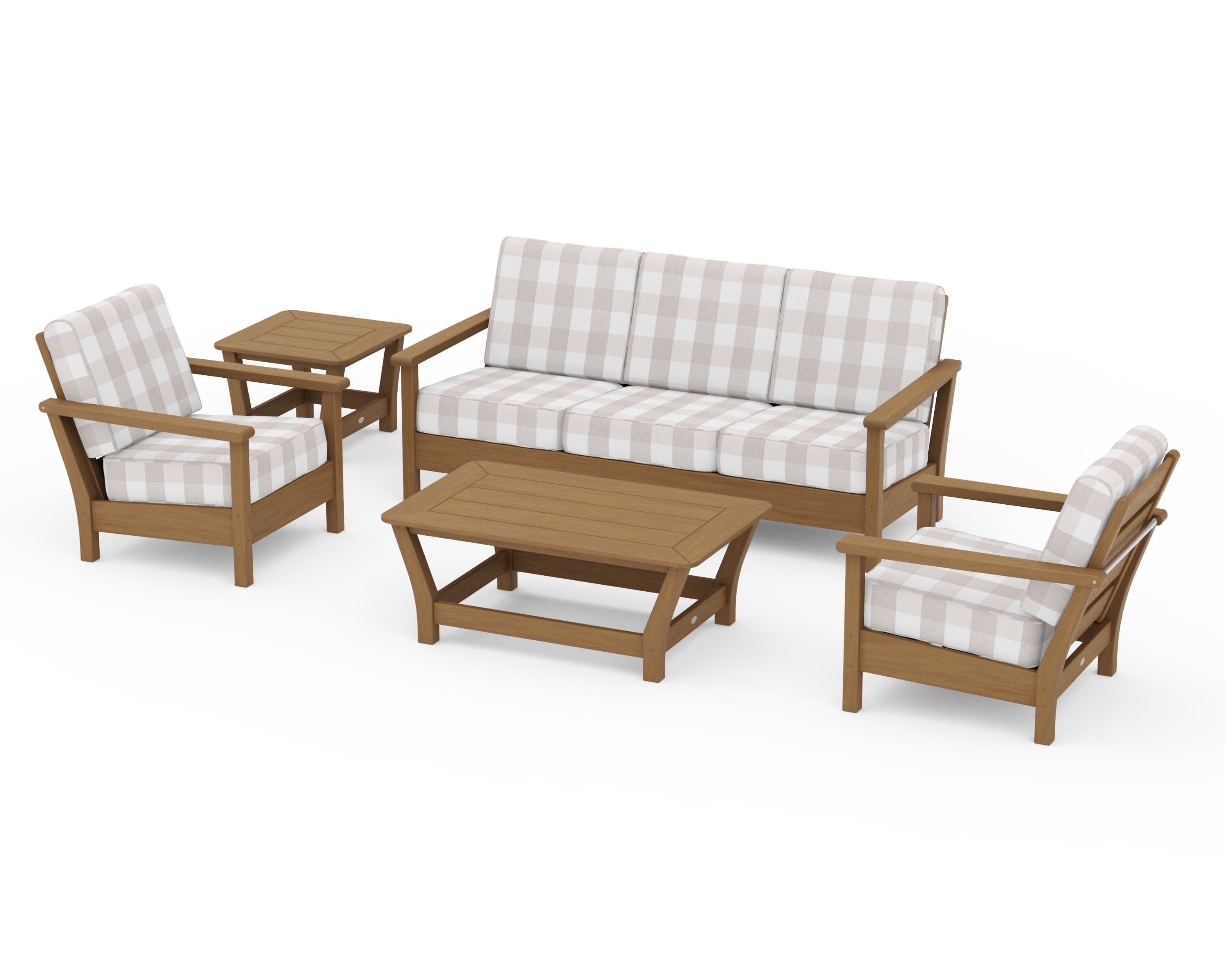 Harbour 5-Piece Deep Seating Set in Natural / Buffalo Plaid Dune Burlap