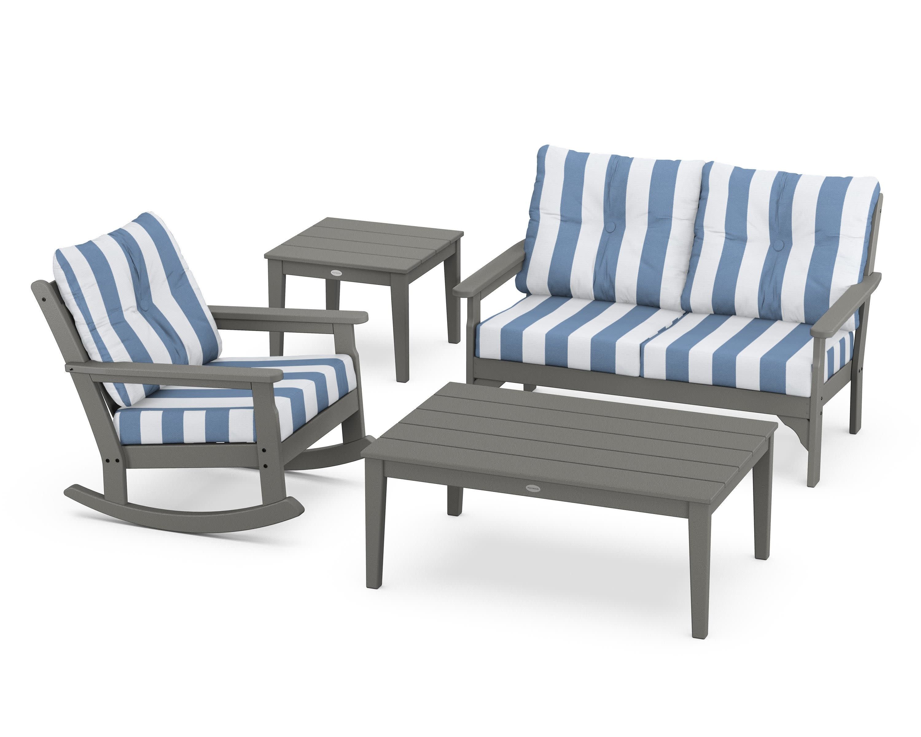 Vineyard 4-Piece Deep Seating Rocker Set in Slate Grey / Cabana Stripe Sky Blue