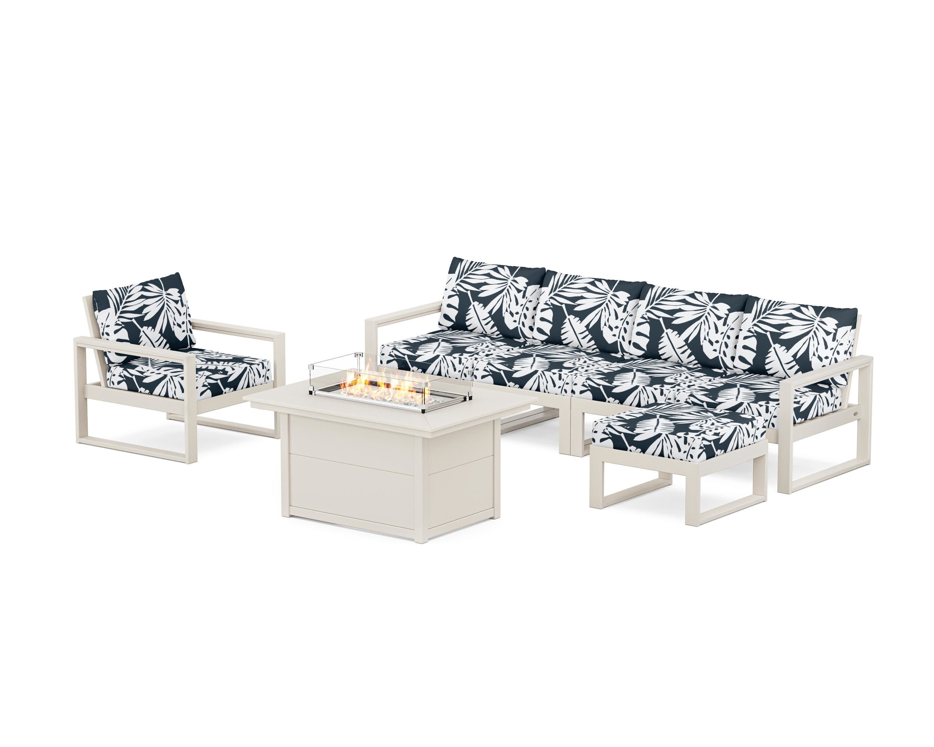 EDGE Sectional Lounge and Fire Pit Set in Sand / Leaf Marine Indigo
