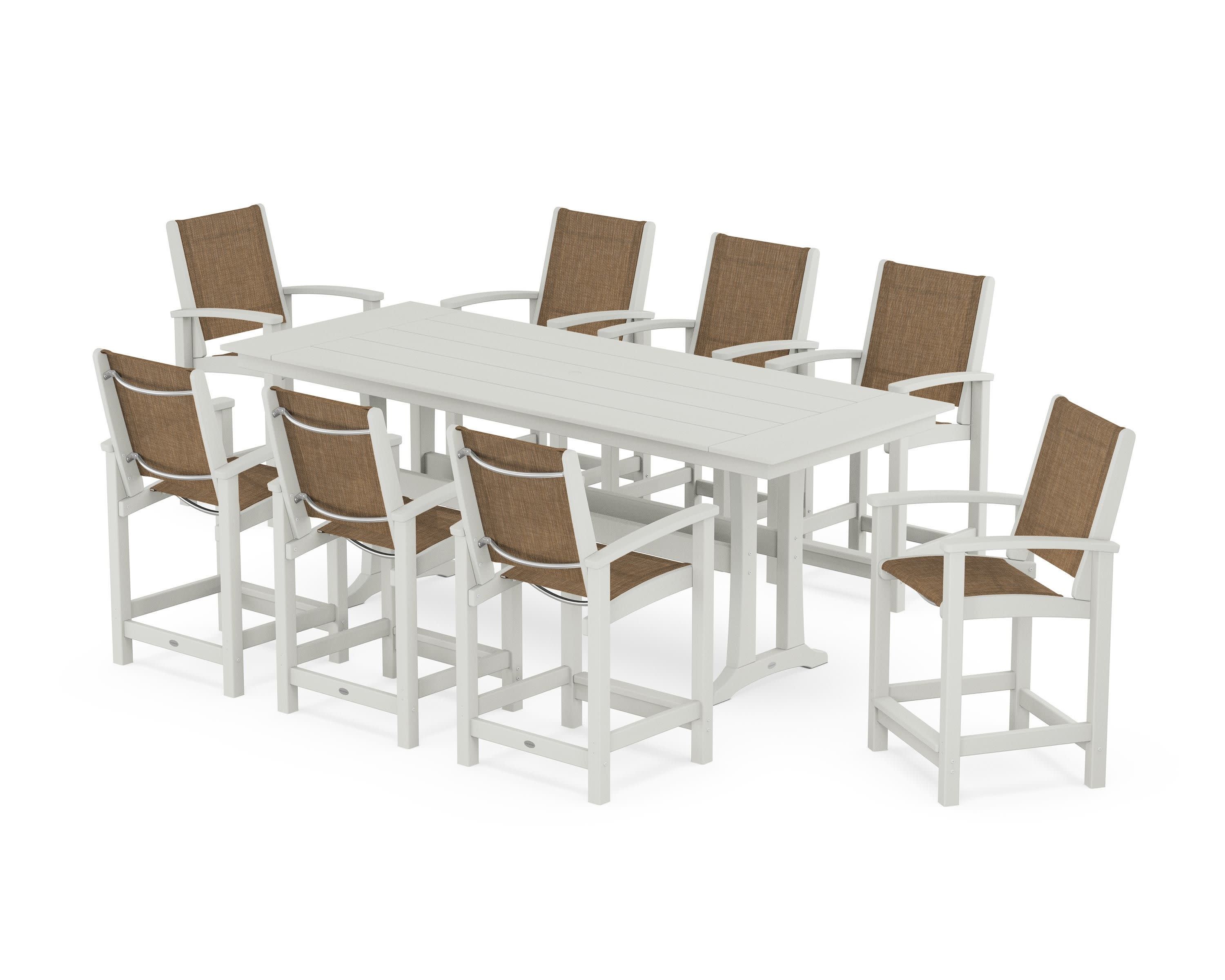 Coastal 9-Piece Farmhouse Counter Set with Trestle Legs in Vintage White / Burlap Sling
