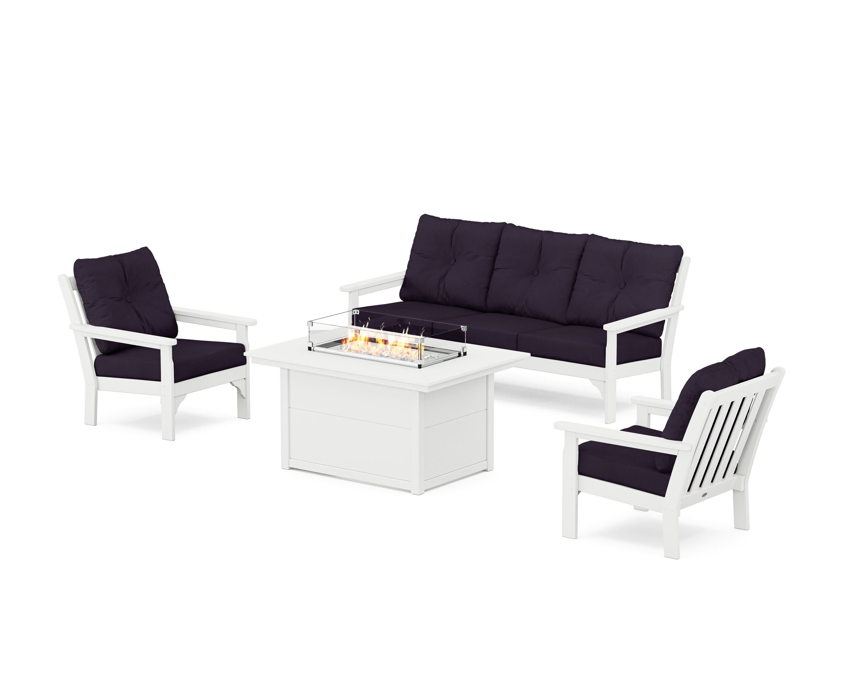 Vineyard Deep Seating Fire Pit Table Set in White / Navy Linen