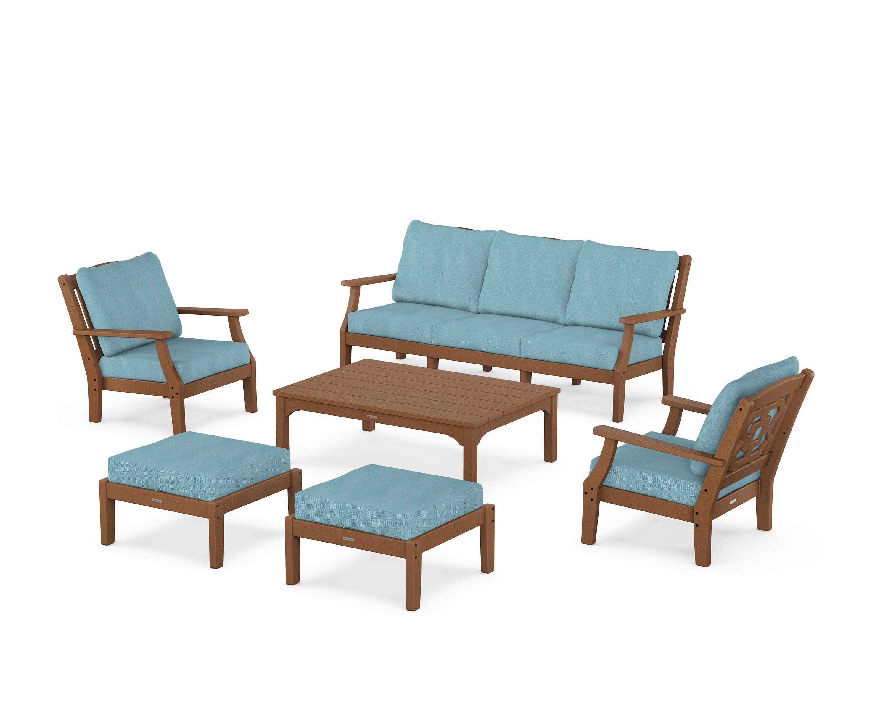 Chinoiserie 6-Piece Lounge Sofa Set in Teak / Lattice Sky Blue