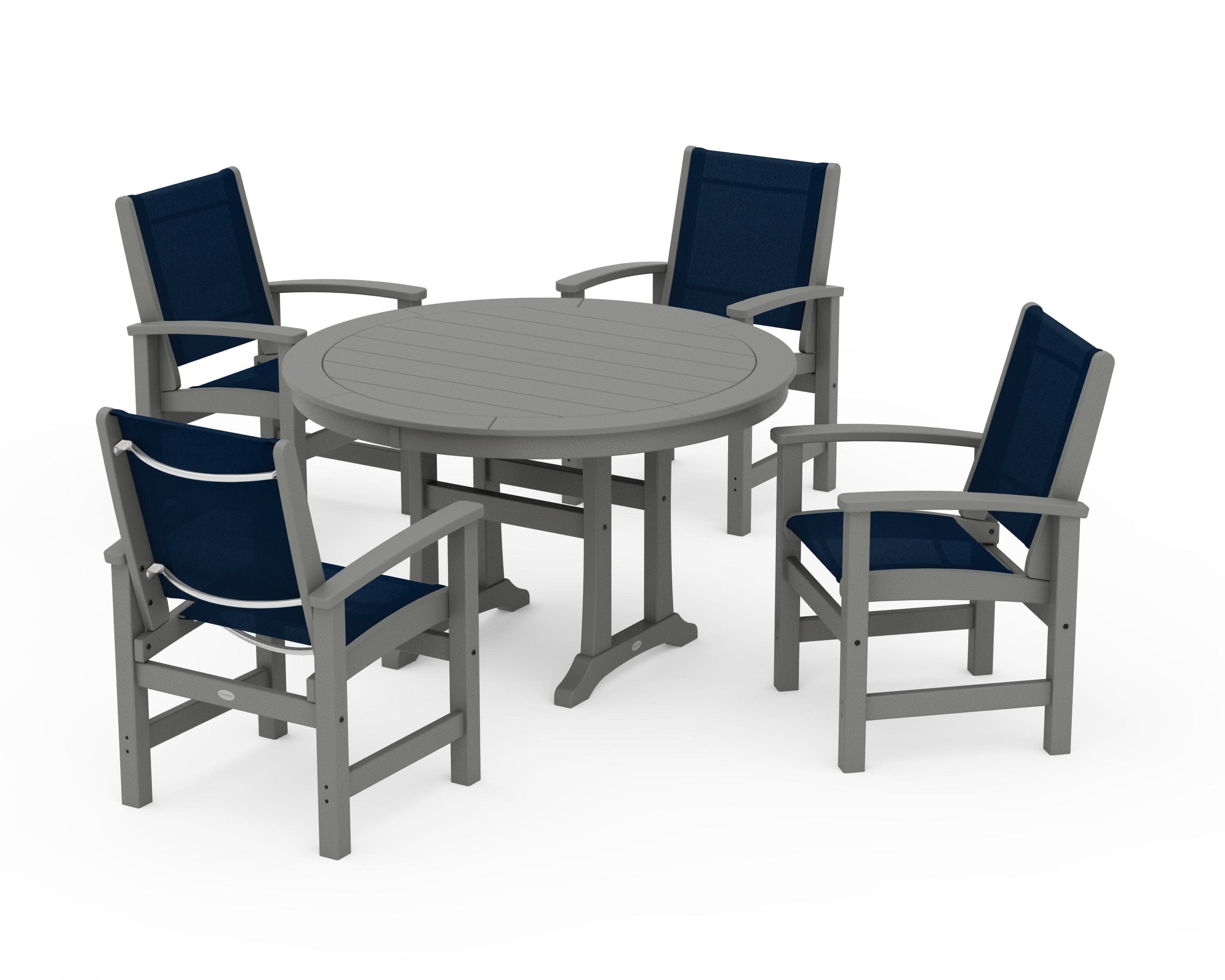 Coastal 5-Piece Round Dining Set with Trestle Legs in Slate Grey / Navy Blue Sling