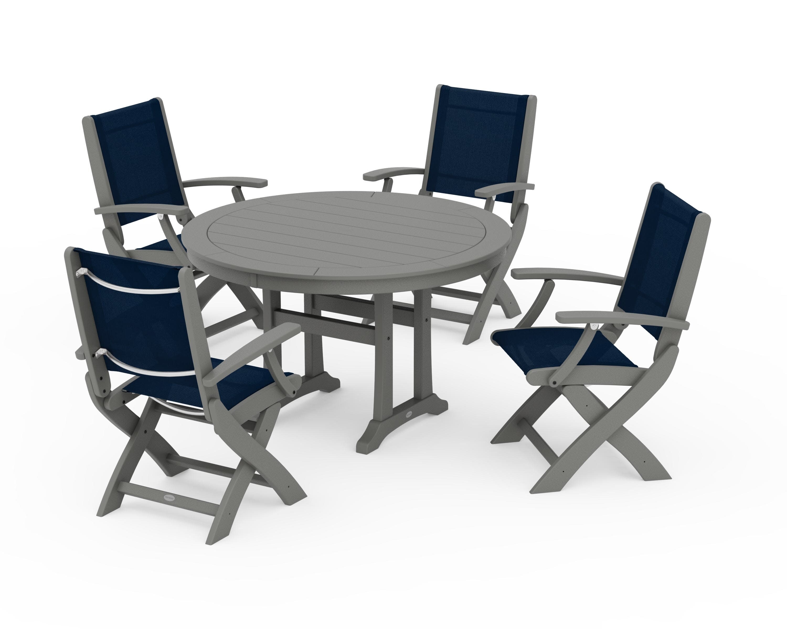Coastal Folding Chair 5-Piece Round Dining Set with Trestle Legs in Slate Grey / Navy Blue Sling