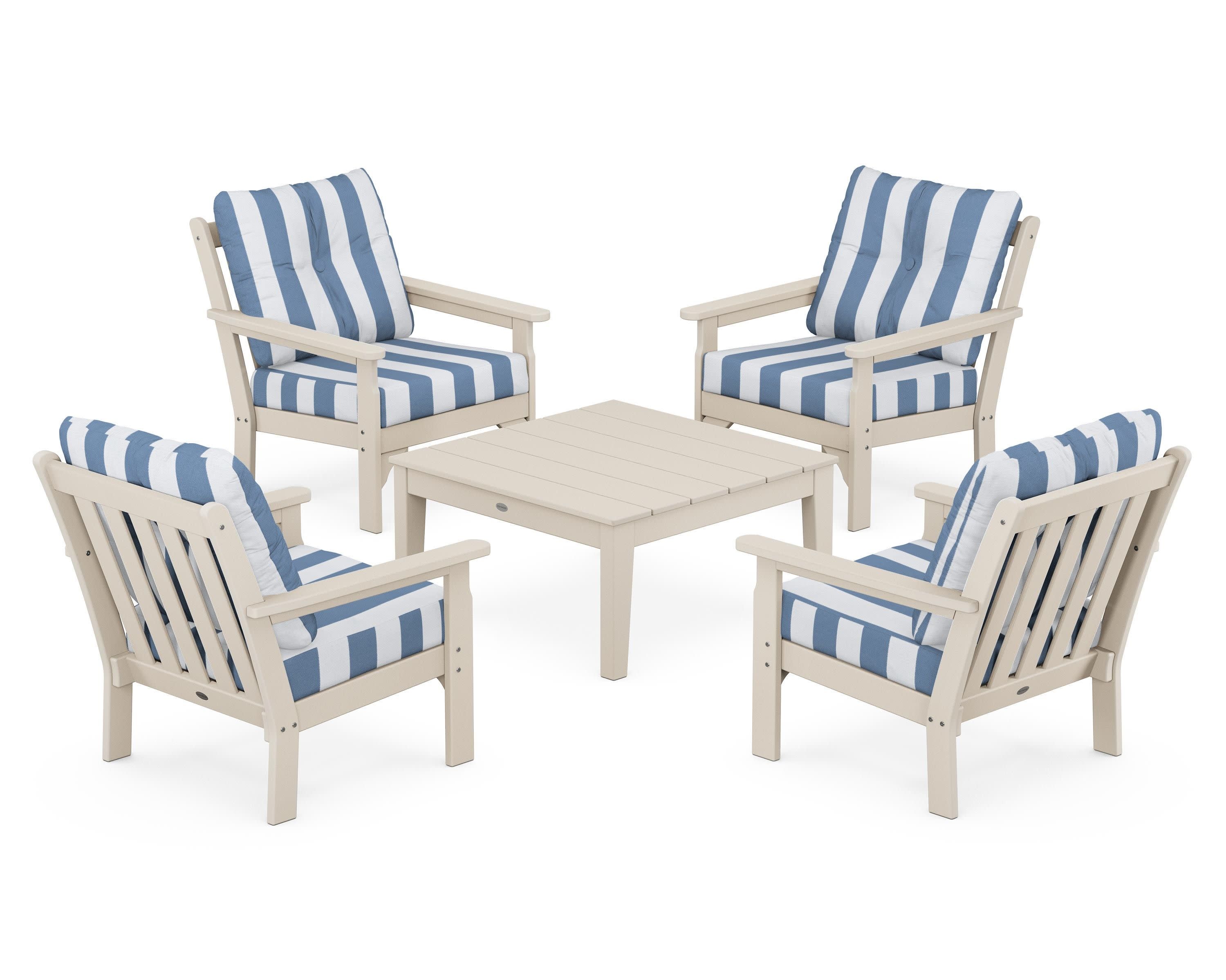 Vineyard 5-Piece Deep Seating Conversation Set in Sand / Cabana Stripe Sky Blue