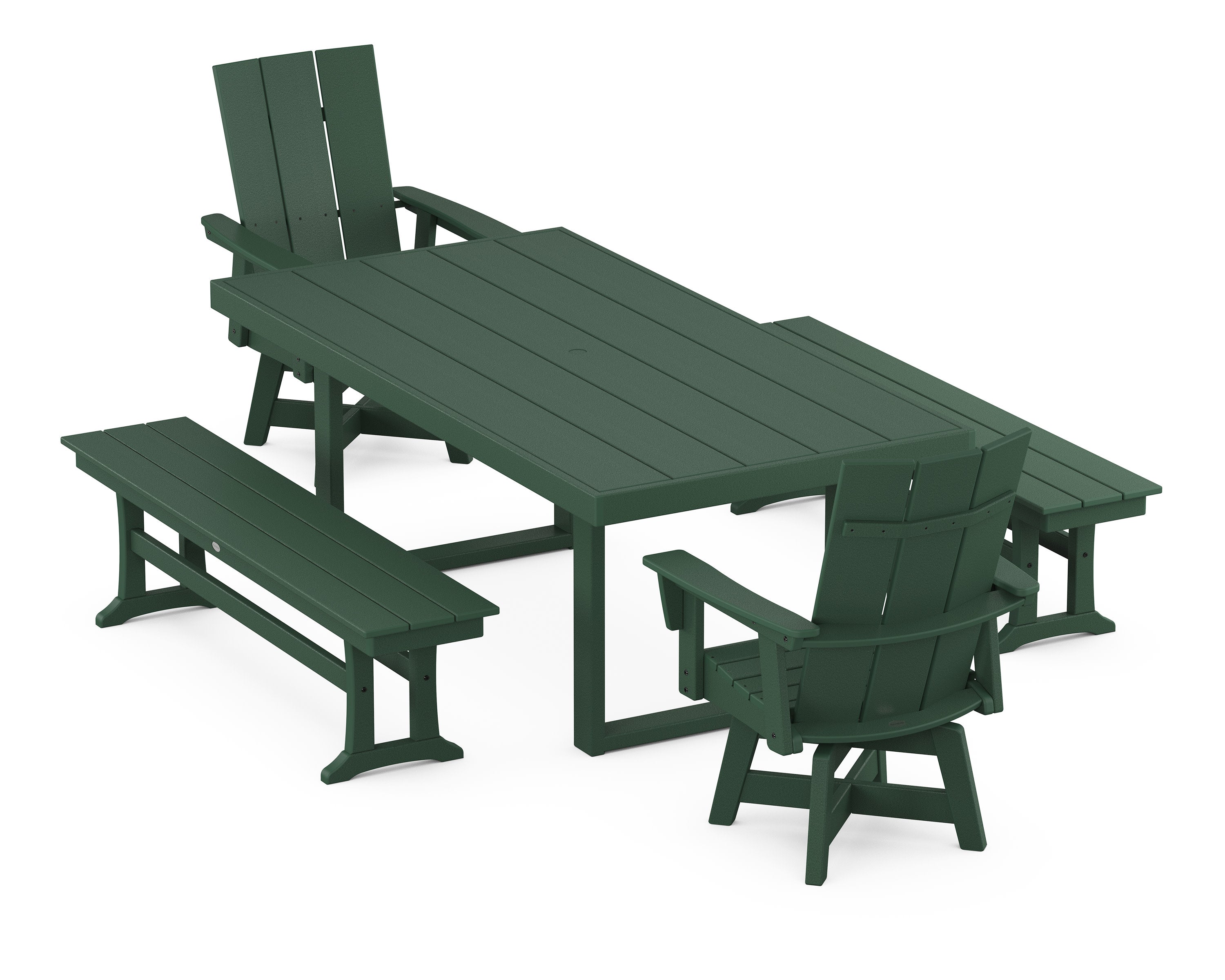 Modern Adirondack Swivel Chair 5-Piece Dining Set with Benches in Green