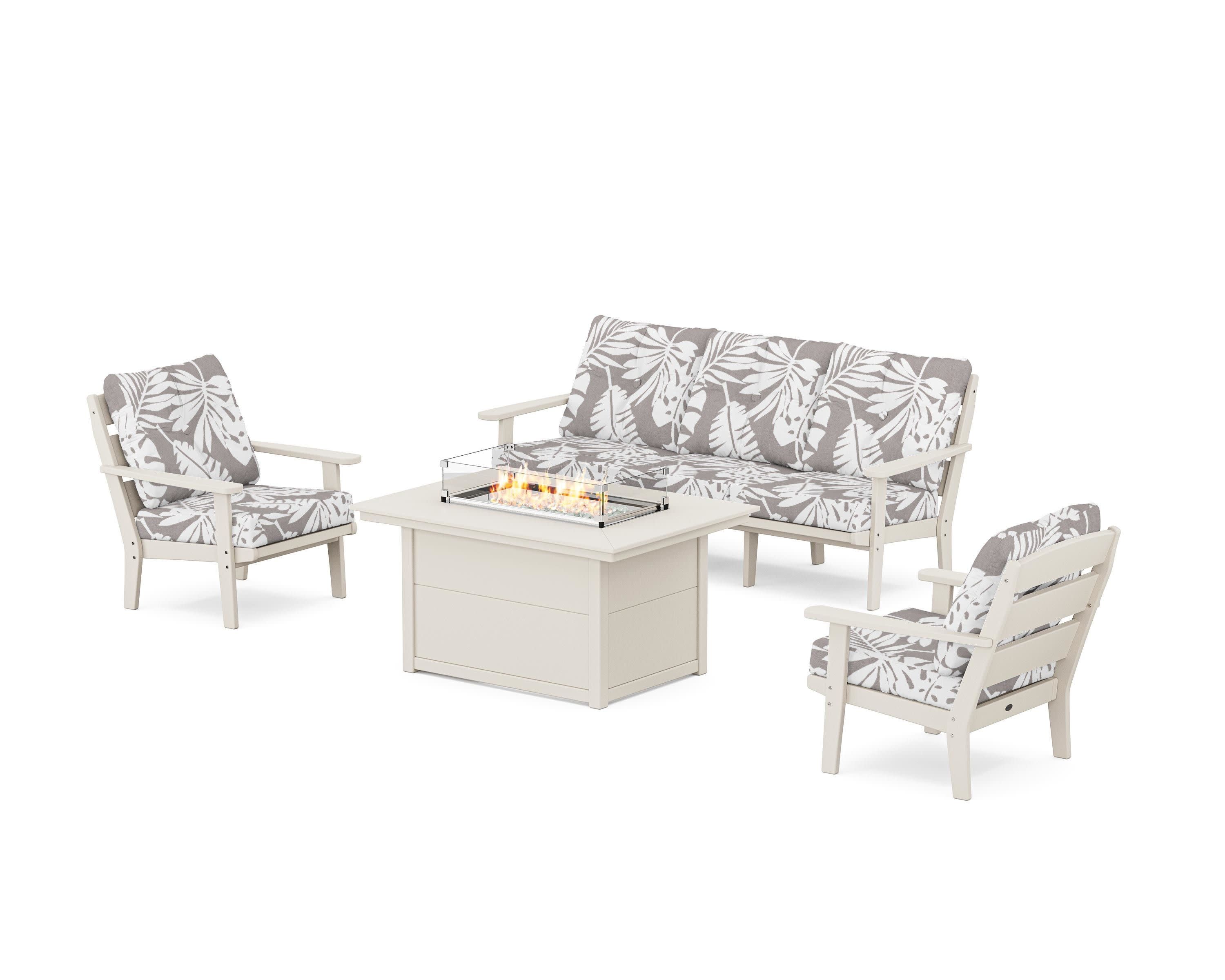 Lakeside Deep Seating Fire Pit Table Set in Sand / Leaf Grey Mist