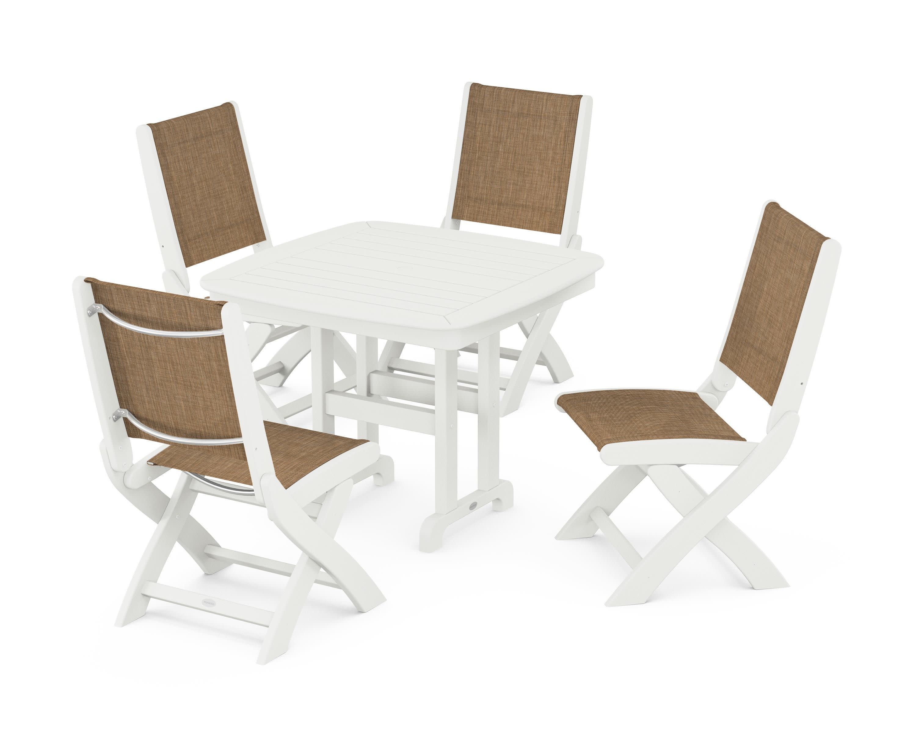 Coastal Folding Side Chair 5-Piece Dining Set in Vintage White / Burlap Sling