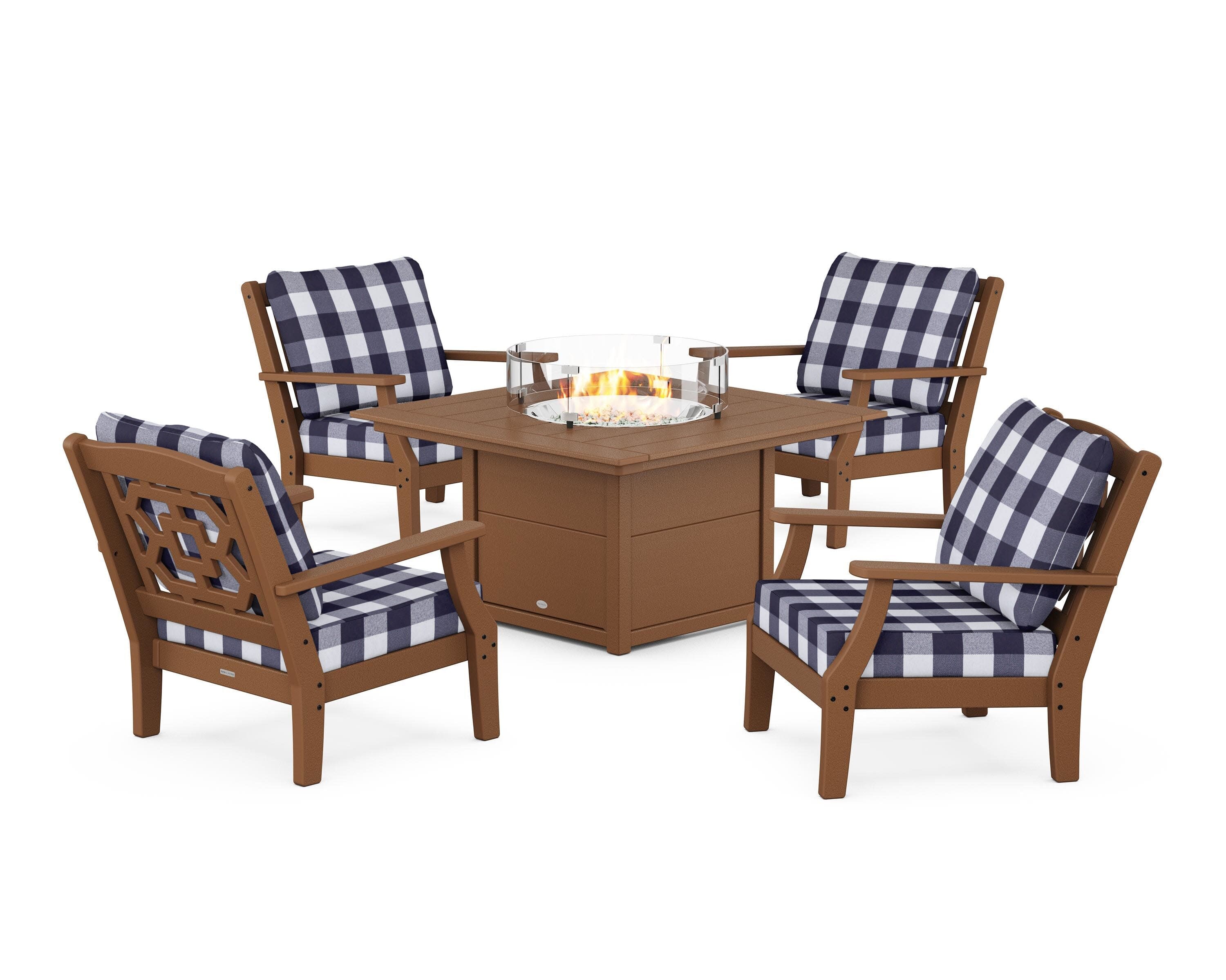 Chinoiserie 5-Piece Deep Seating Set with Fire Pit Table in Teak / Buffalo Plaid Navy