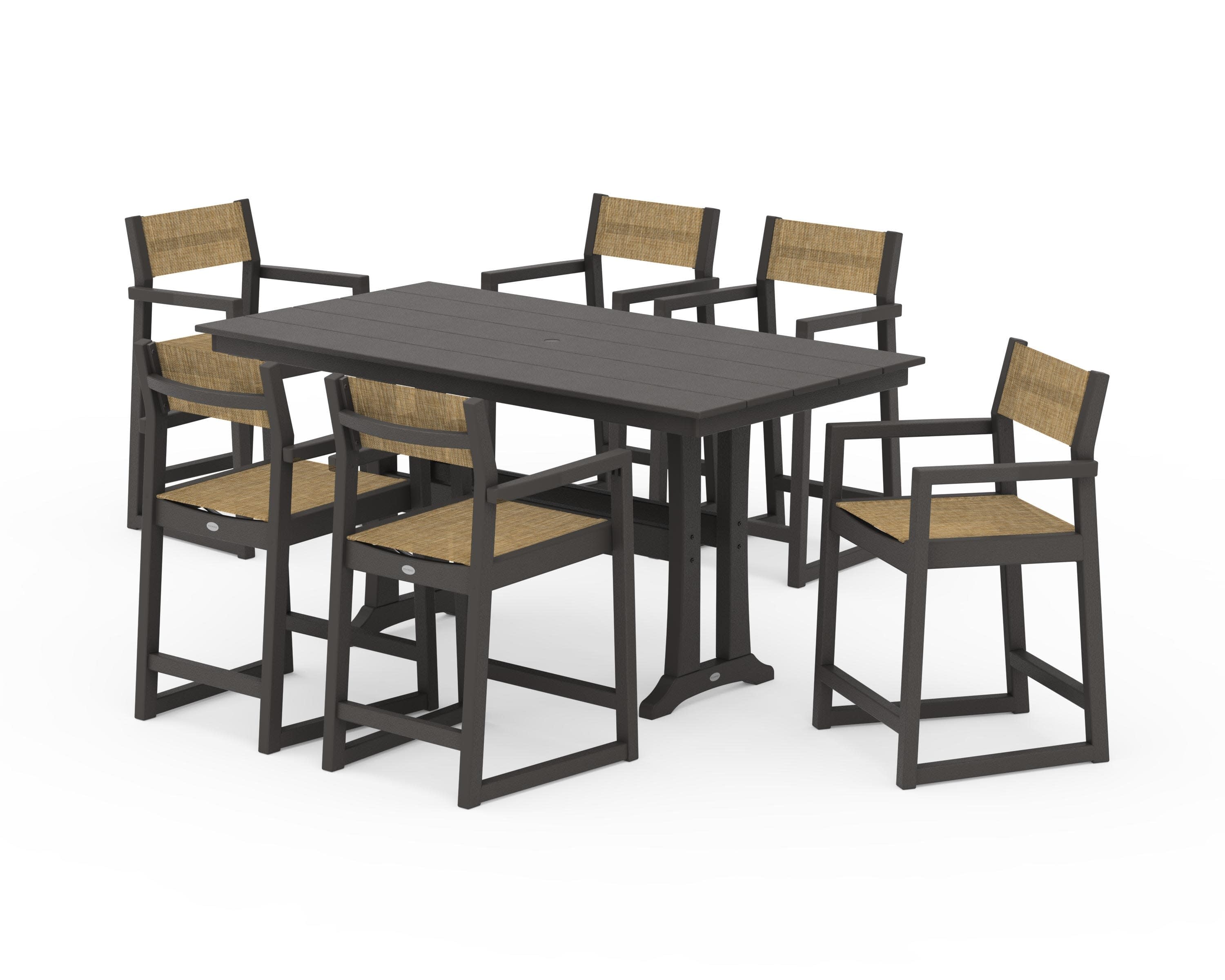 EDGE Sling Arm Chair 7-Piece Farmhouse Counter Set with Trestle Legs in Vintage Coffee / Burlap Sling