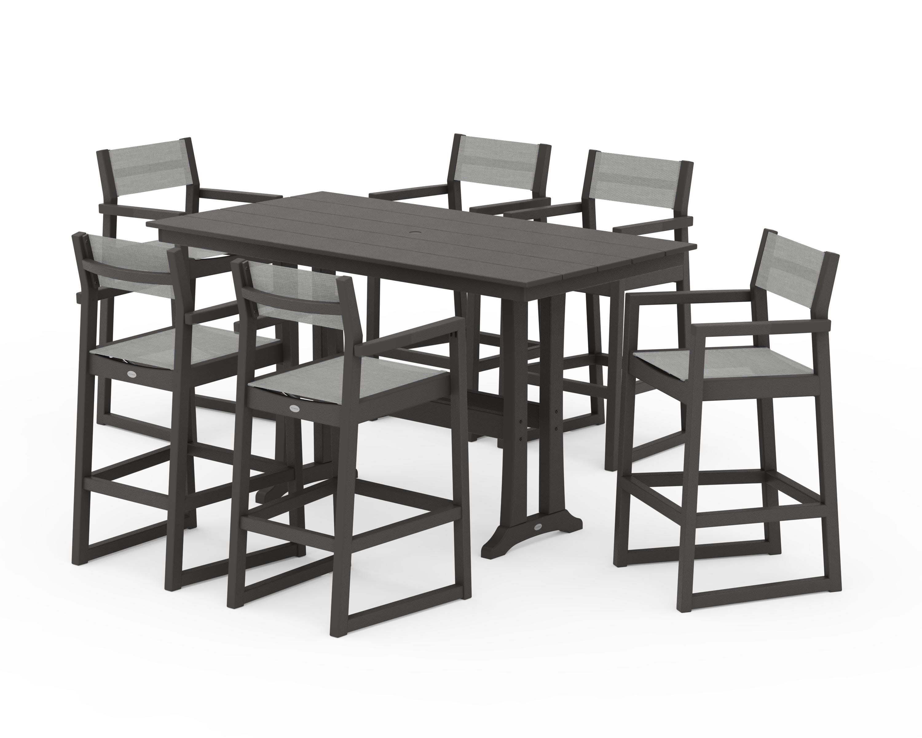 EDGE Sling Arm Chair 7-Piece Farmhouse Bar Set with Trestle Legs in Vintage Coffee / Metallic Sling