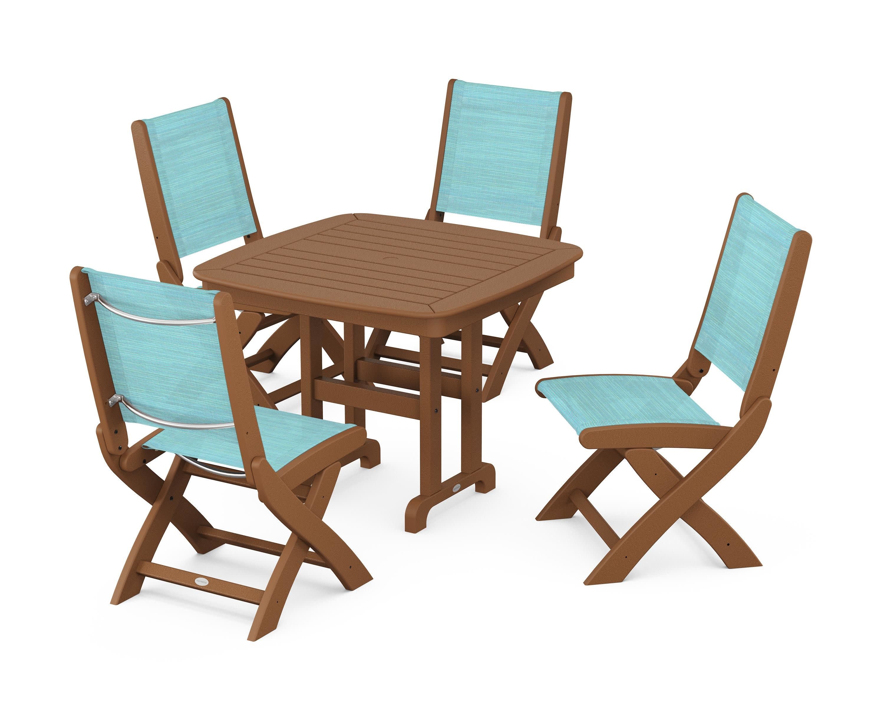 Coastal Folding Side Chair 5-Piece Dining Set in Teak / Dupioni Aquamarine Sling