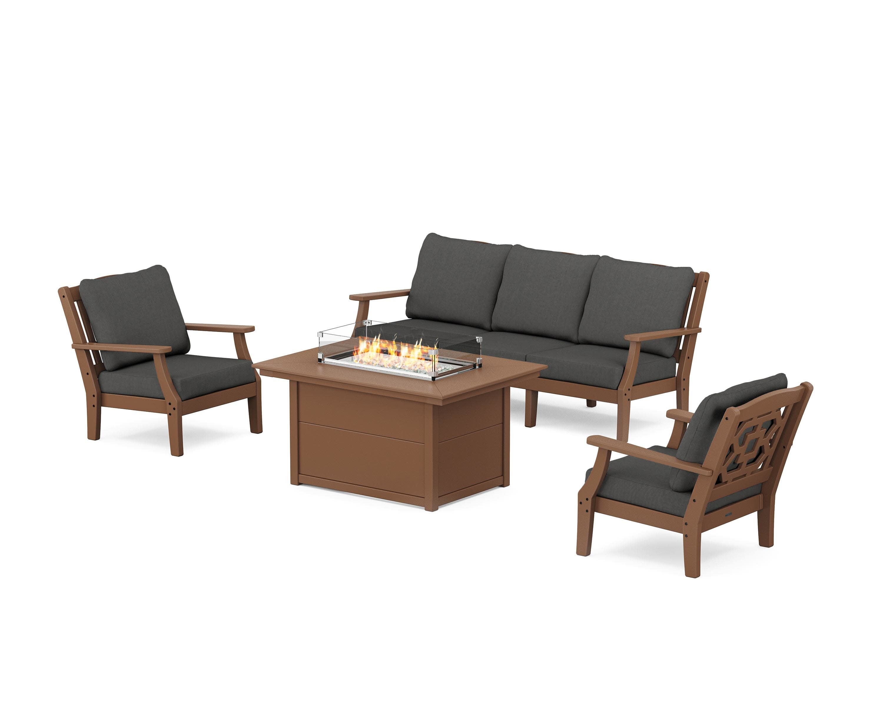 Chinoiserie Deep Seating Fire Pit Table Set in Teak / Spectrum Carbon