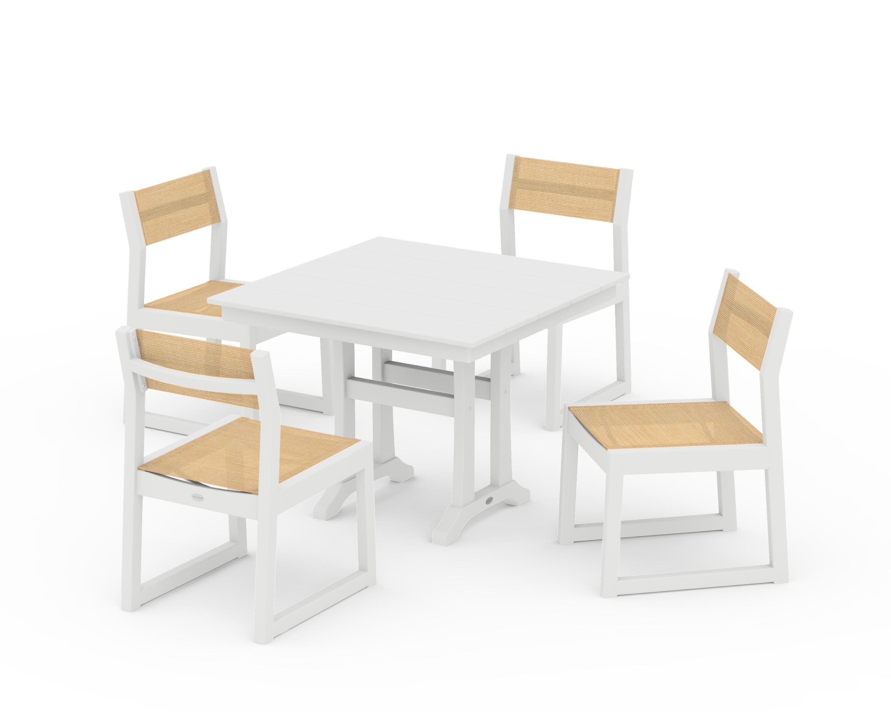 EDGE Sling 5-Piece Farmhouse Trestle Side Chair Dining Set in White / Dupioni Apricot Sling