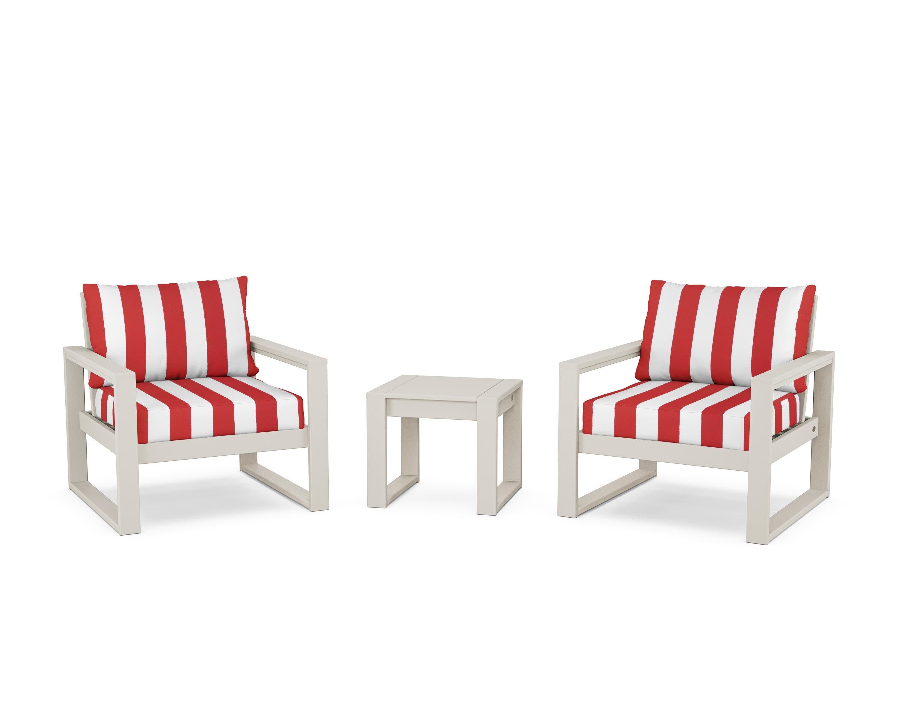 EDGE Sectional 3-Piece Deep Seating Set in Sand / Cabana Stripe Crimson